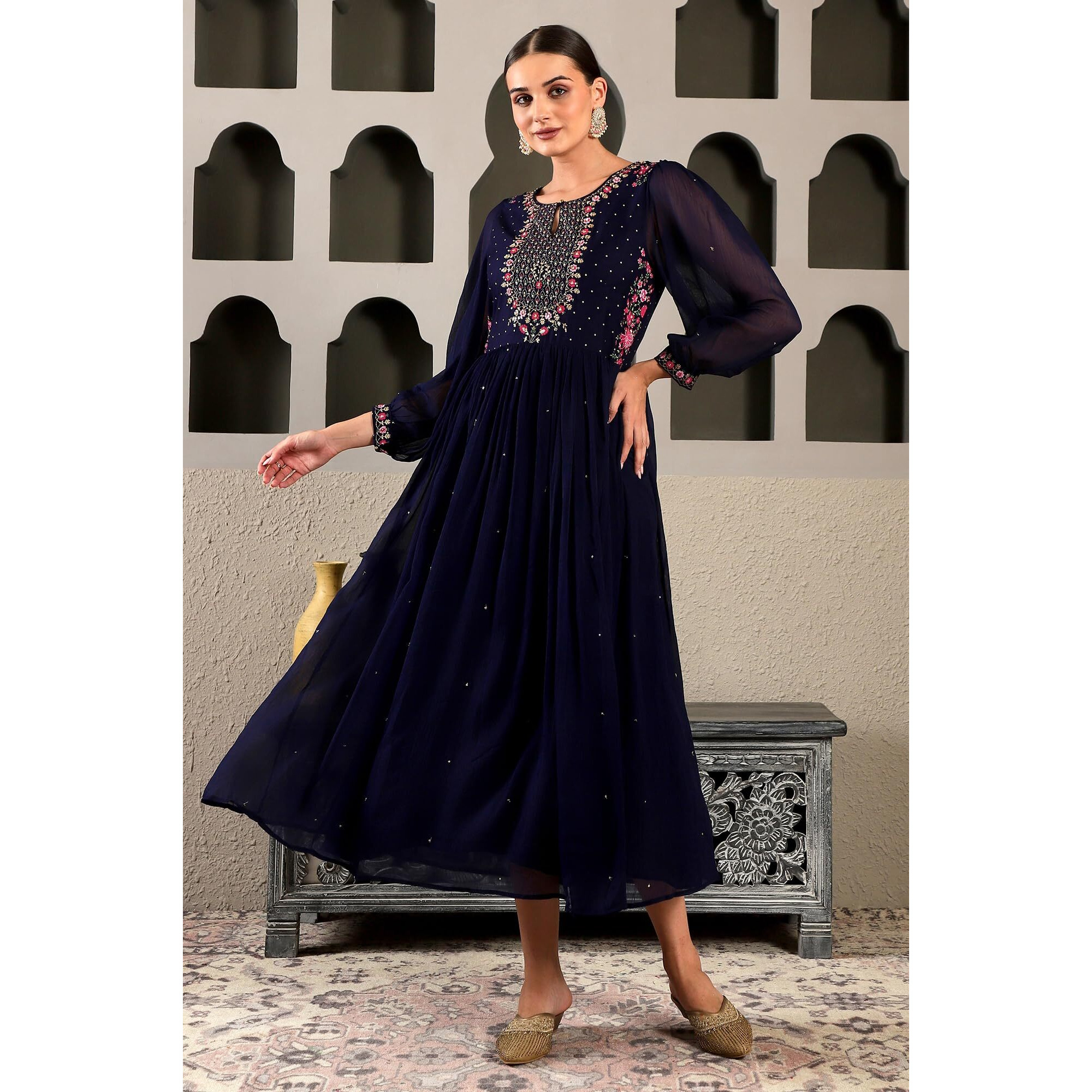 W Blue Floral Printed Synthetic Maxi Dress With Sequins For Women