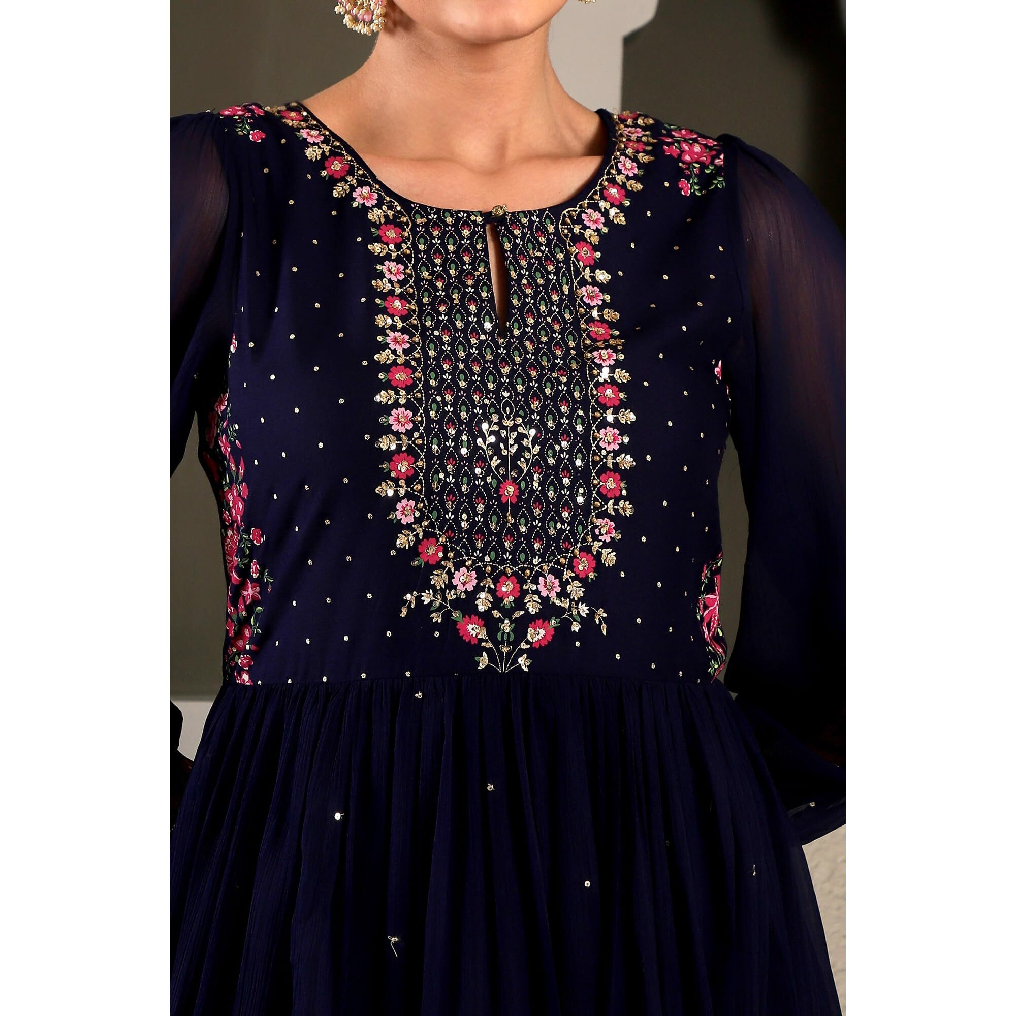 W Blue Floral Printed Synthetic Maxi Dress With Sequins For Women