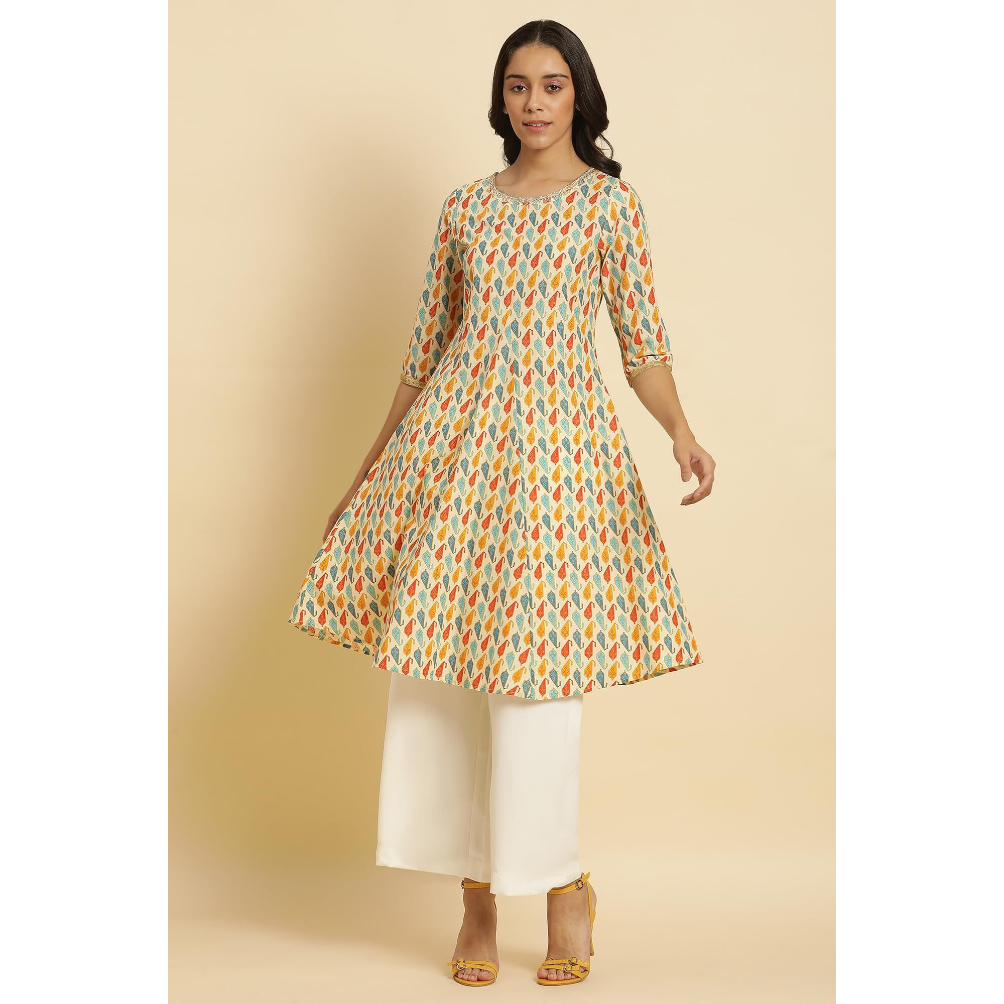 W For Woman W For Womanhite Paisley Printed Cotton Regular Kurta