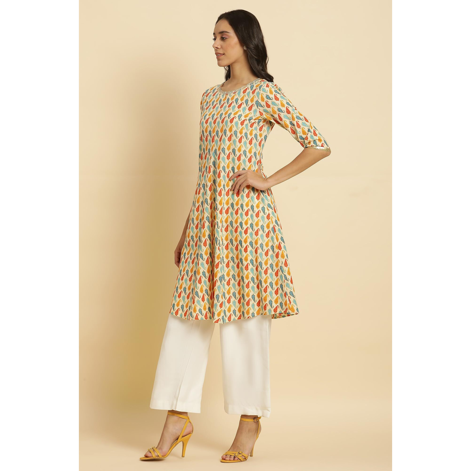 W For Woman W For Womanhite Paisley Printed Cotton Regular Kurta