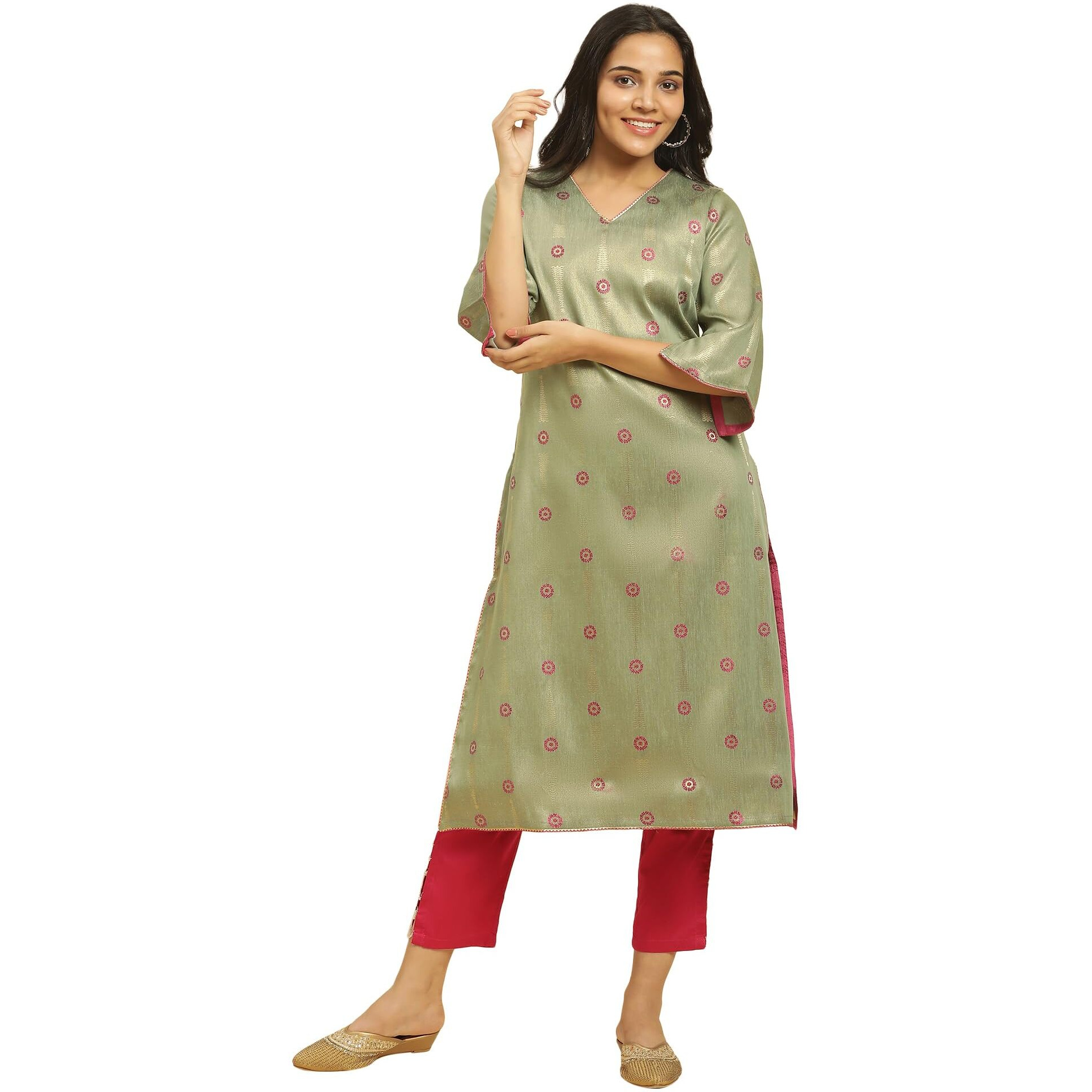W For Woman Green Printed Jacquard Kurta (Size L)-23Auw19533-313080