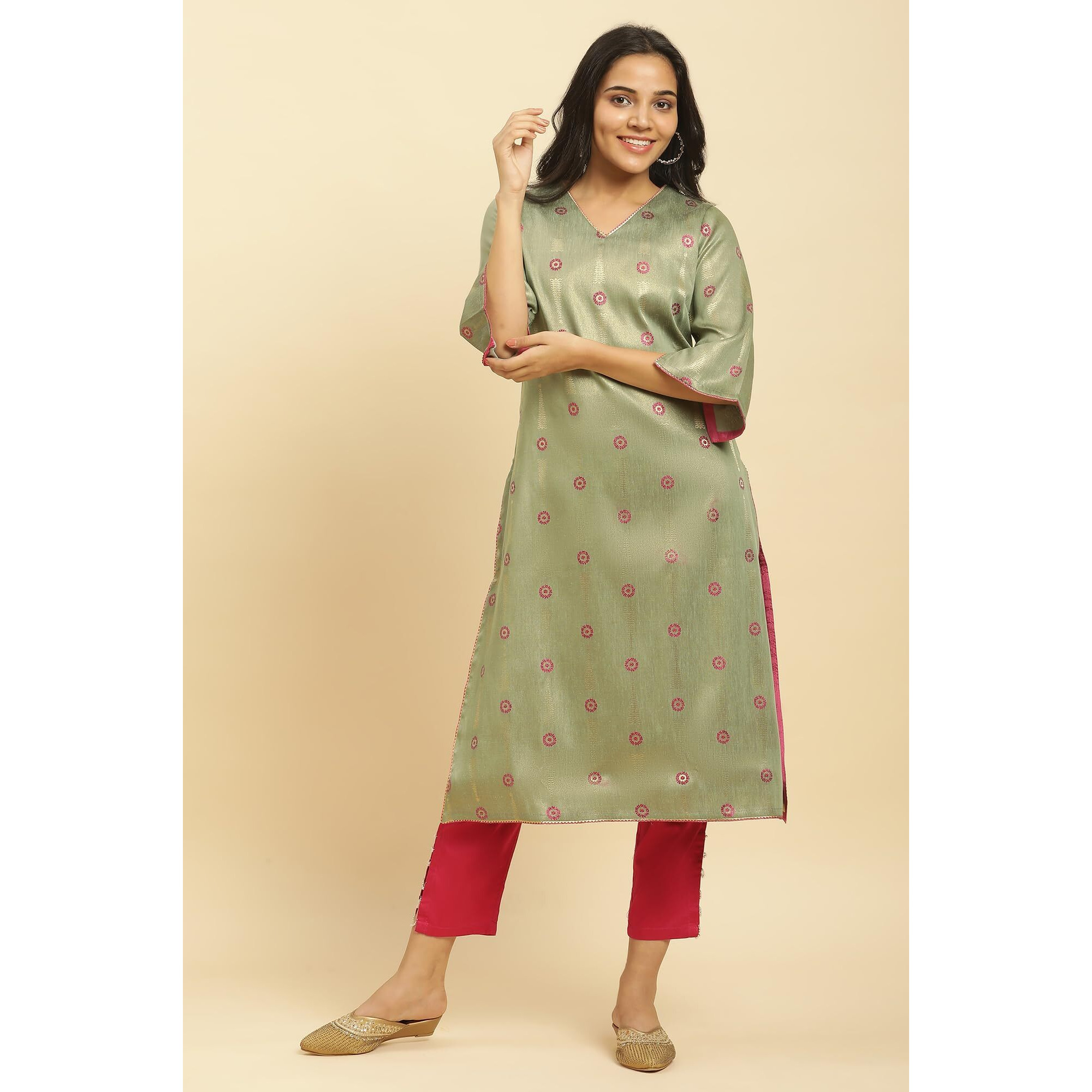 W For Woman Green Printed Jacquard Kurta (Size L)-23Auw19533-313080