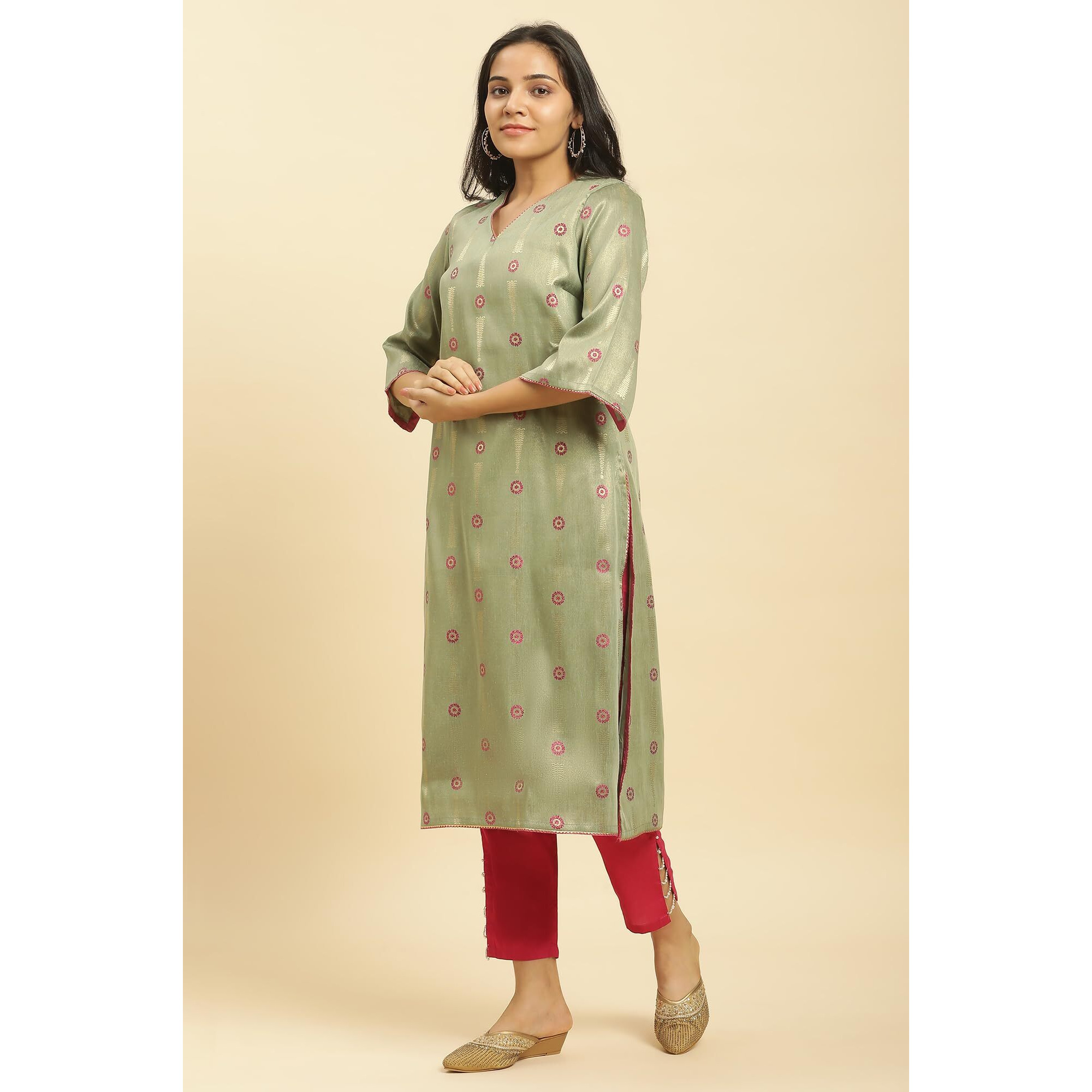W For Woman Green Printed Jacquard Kurta (Size L)-23Auw19533-313080