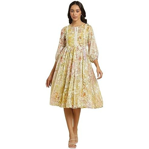 W For Woman Women's Polyester Multi-Coloured Breezy Sheer Printed Short Dress Calf Length 23Auw10126-120989_Multicolor