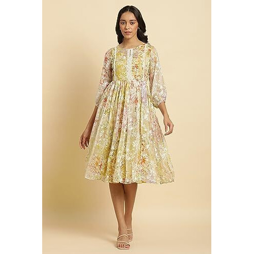 W For Woman Women's Polyester Multi-Coloured Breezy Sheer Printed Short Dress Calf Length 23Auw10126-120989_Multicolor