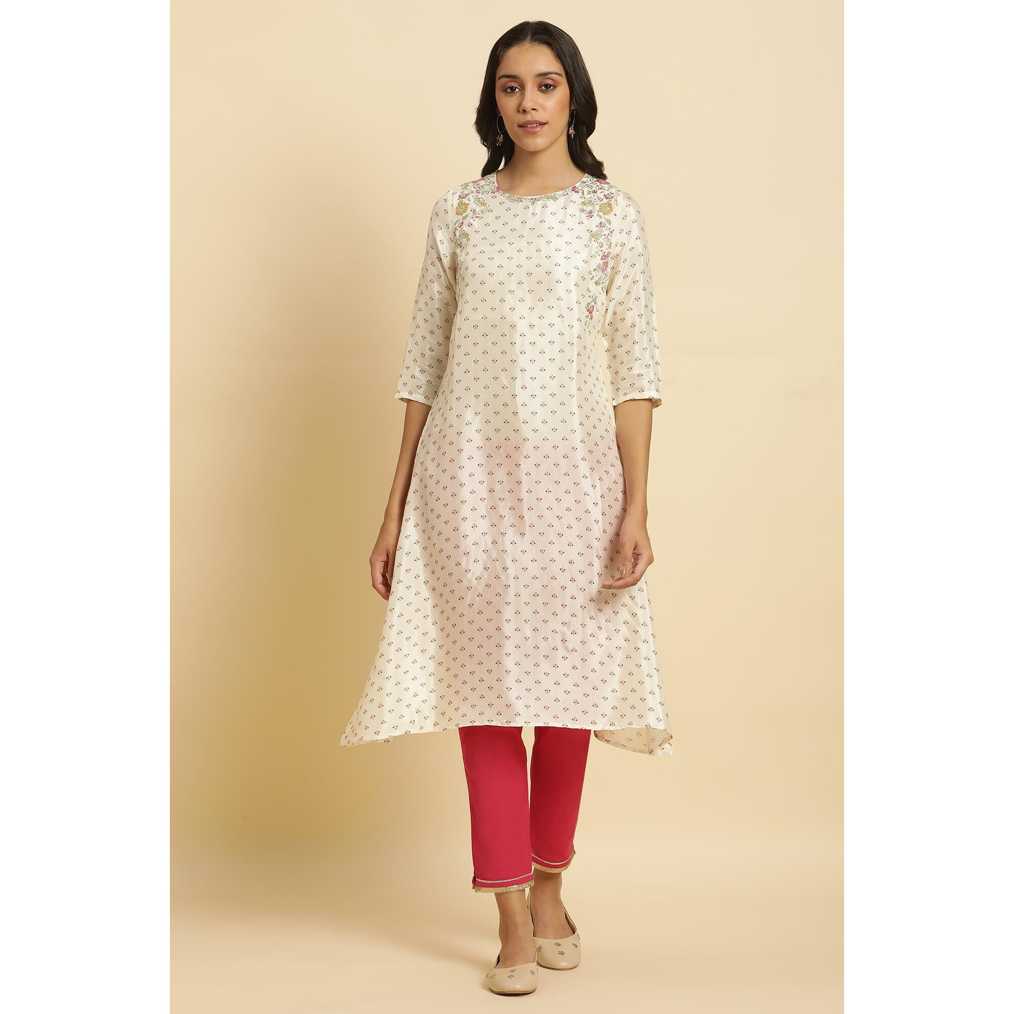 W For Woman Ecru A-Line Embroidered Festive Kurta (Size M)-23Auw10129-122875