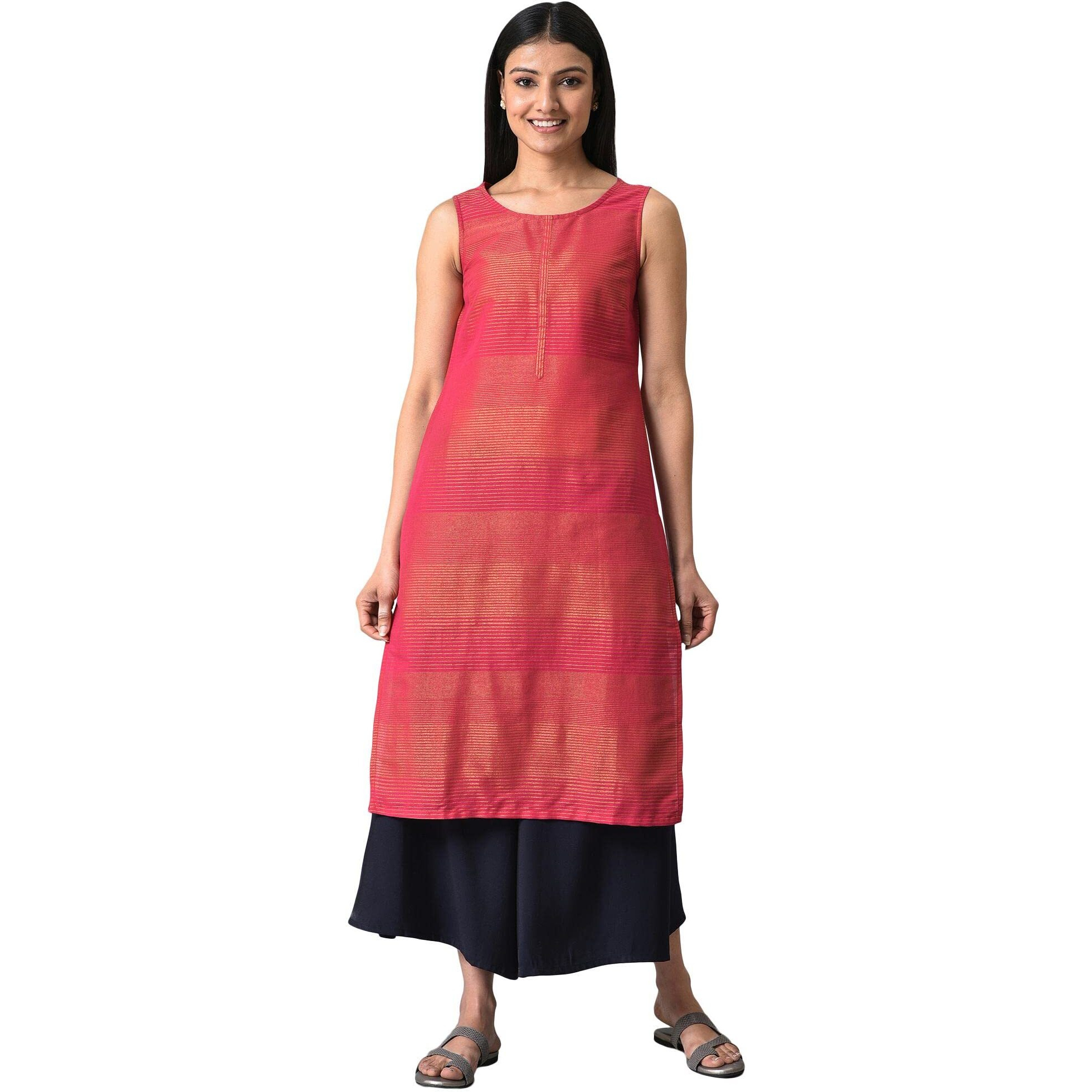 Aurelia Women Pink Cotton Zari Stripes Yarn Dyed Kurta (23Aua14115-701306-L)