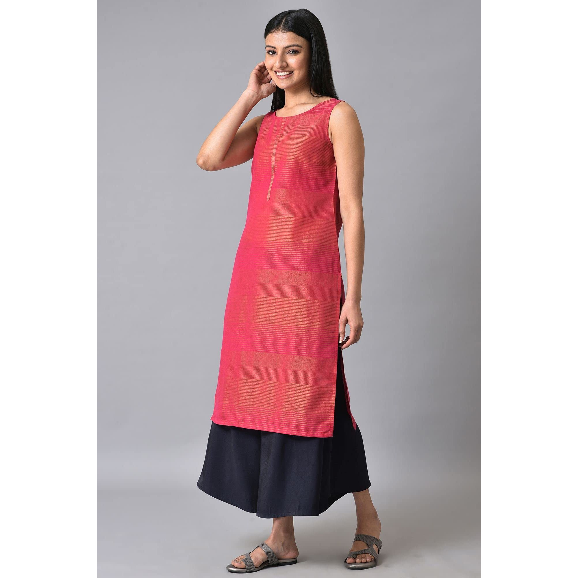 Aurelia Women Pink Cotton Zari Stripes Yarn Dyed Kurta (23Aua14115-701306-L)