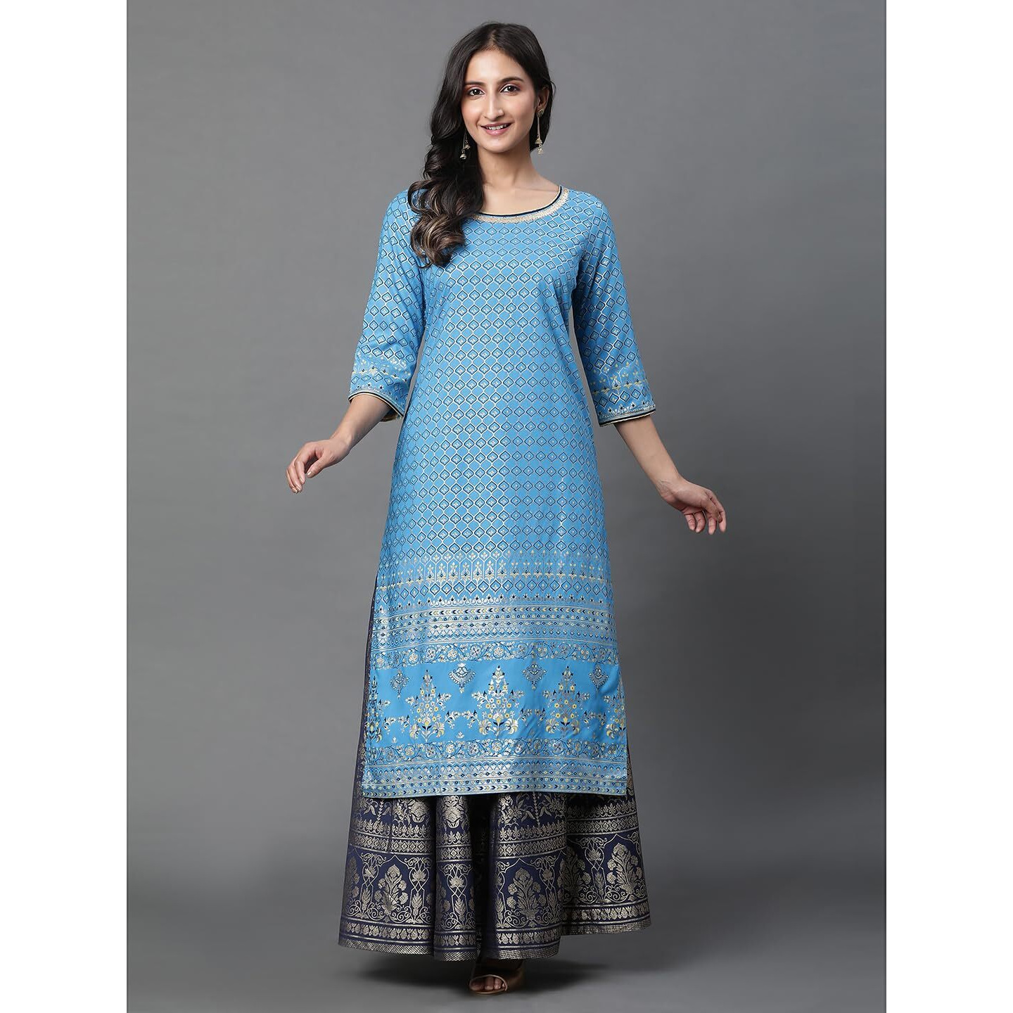 Aurelia Blue Foil Print Straight Long Kurta