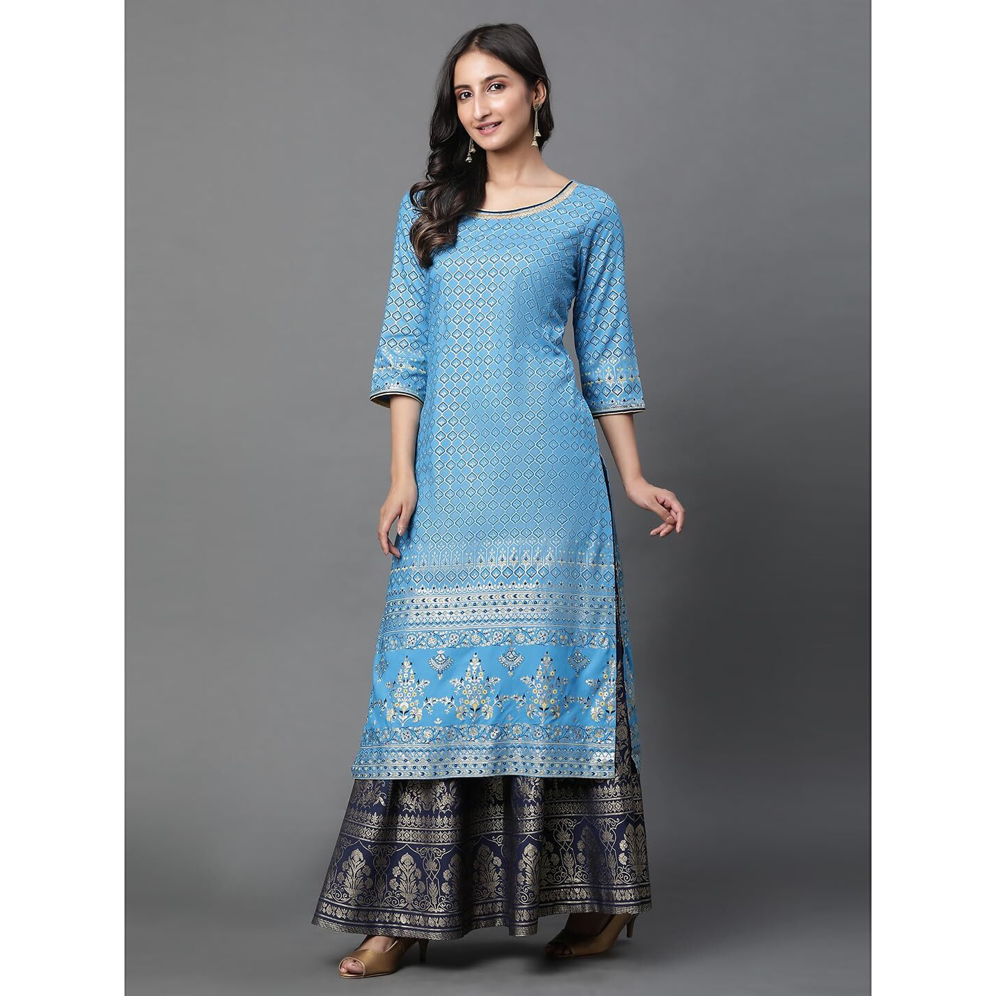 Aurelia Blue Foil Print Straight Long Kurta