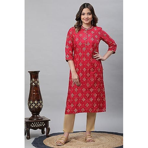 Aurelia Women's Red Foil Printed Embellished Festive Kurta