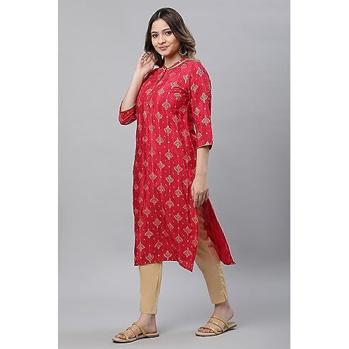 Aurelia Women's Red Foil Printed Embellished Festive Kurta