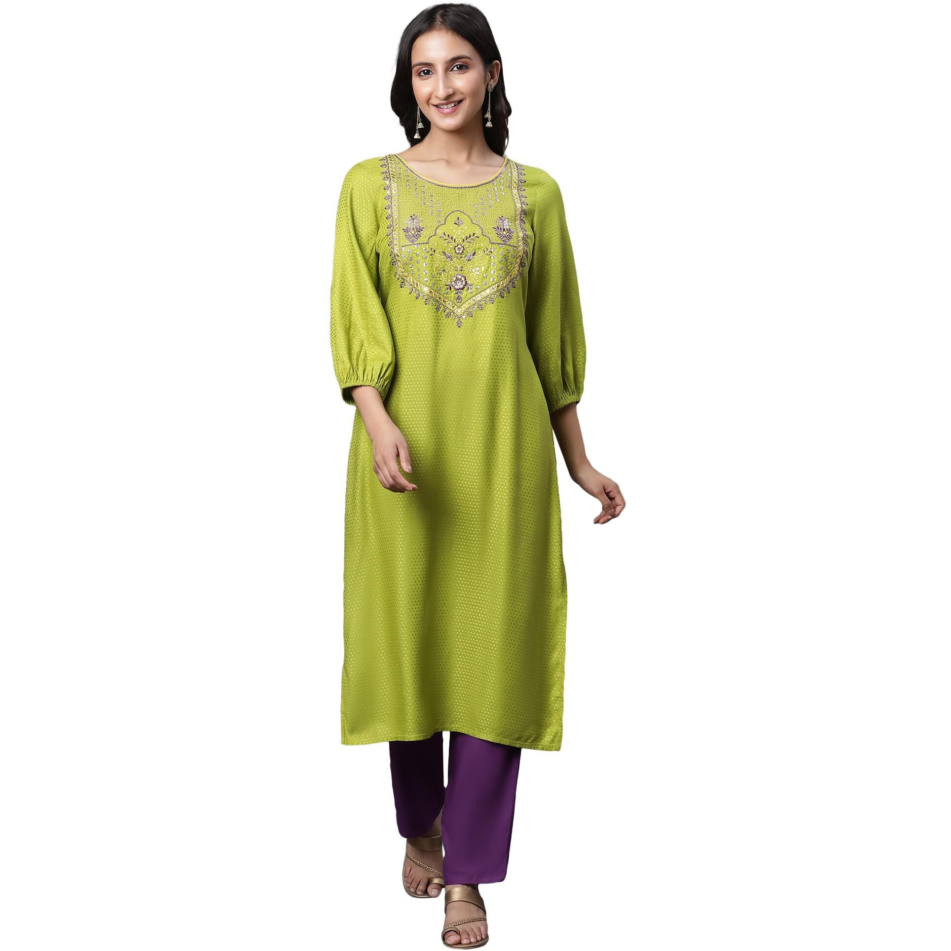 Aurelia Green Embroidered Straight Long Kurta With Zari