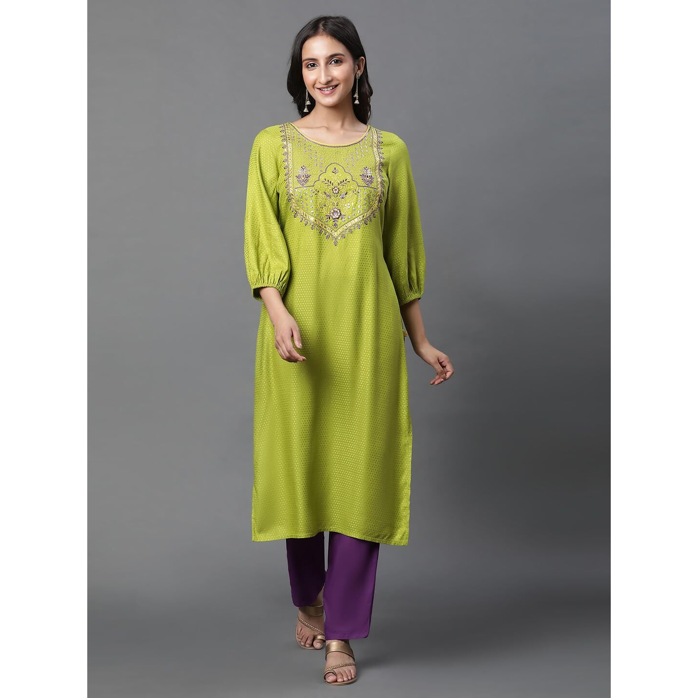 Aurelia Green Embroidered Straight Long Kurta With Zari