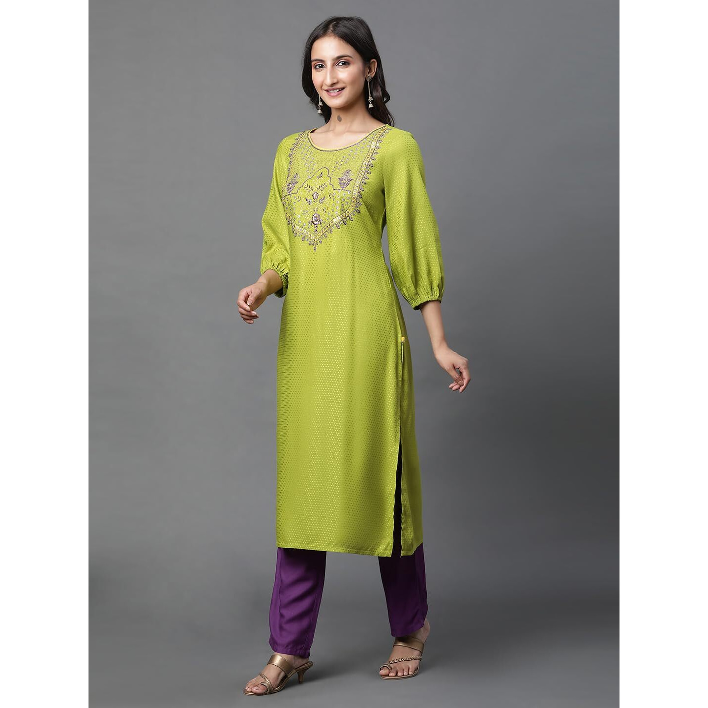 Aurelia Green Embroidered Straight Long Kurta With Zari