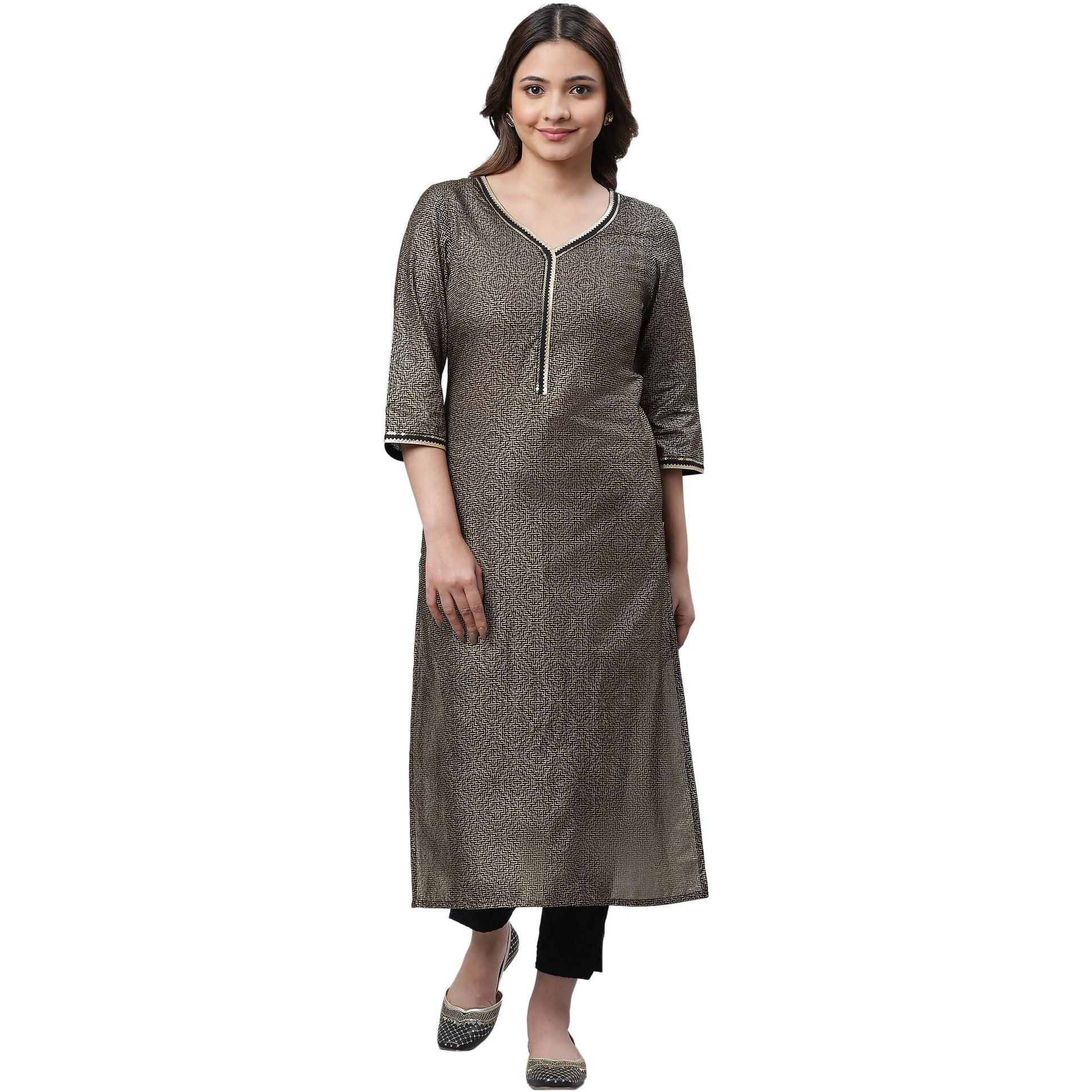 Aurelia Black Geometric Printed Printed Cotton Straight Long Kurta For Women