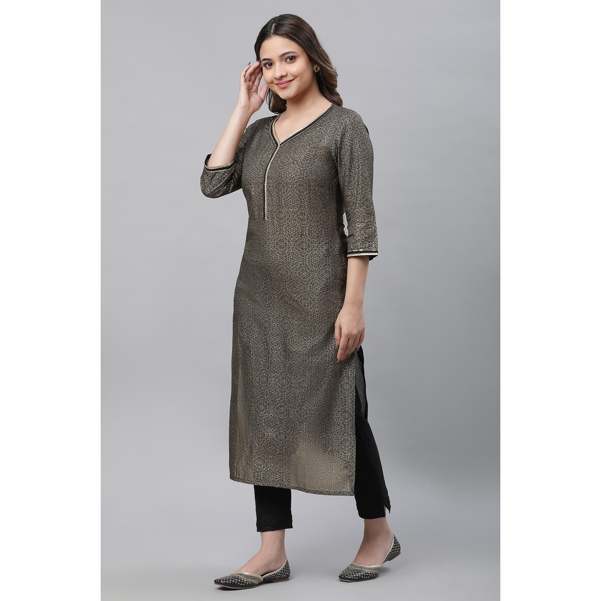 Aurelia Black Geometric Printed Printed Cotton Straight Long Kurta For Women