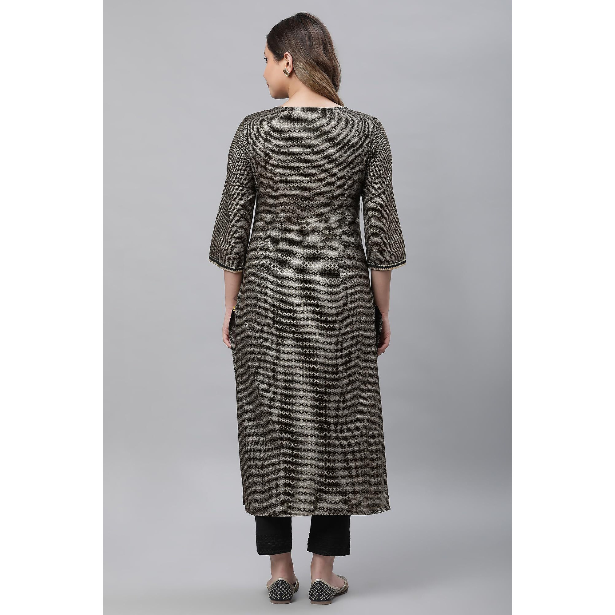 Aurelia Black Geometric Printed Printed Cotton Straight Long Kurta For Women