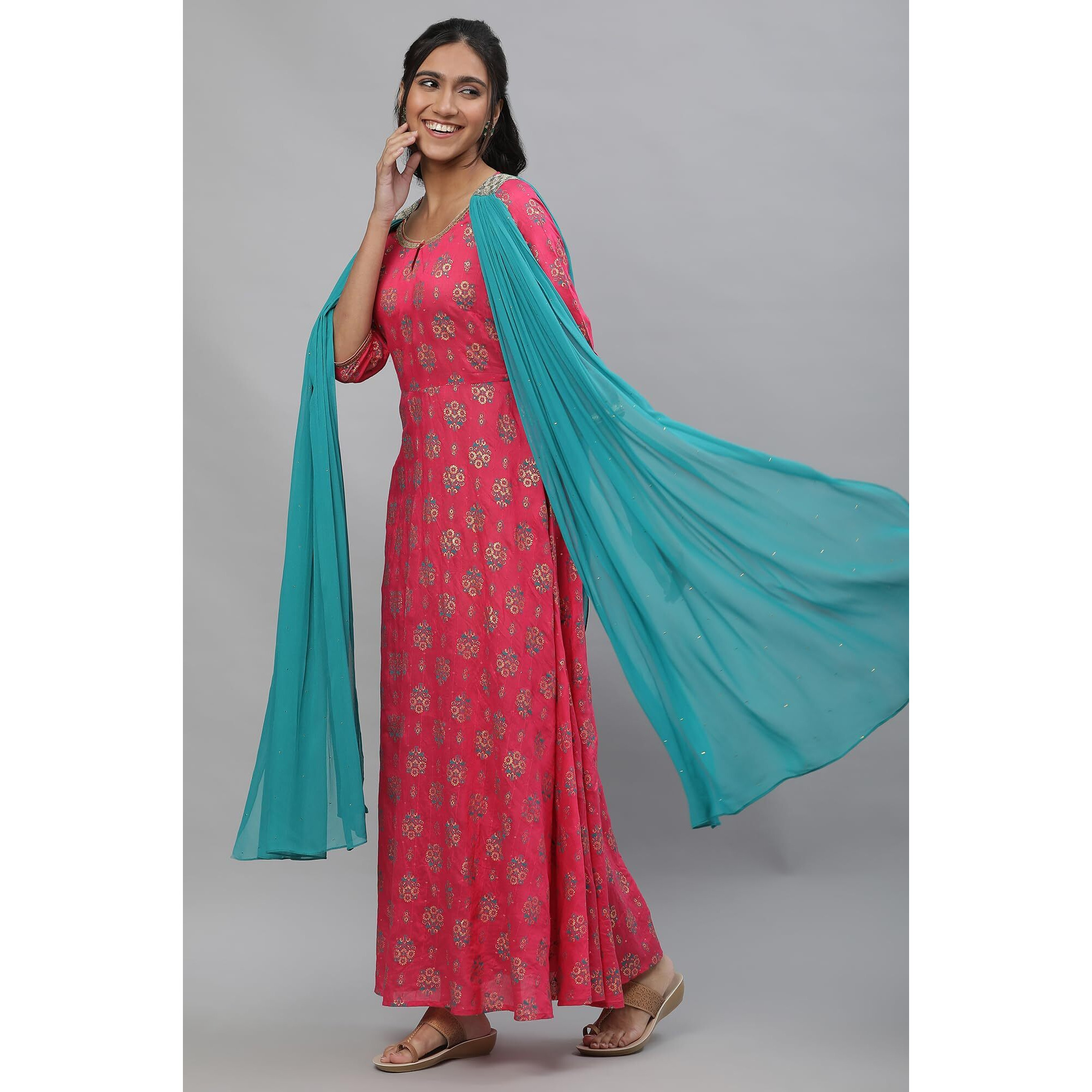 Aurelia Women's Viscose Fit And Flare Ankle Length Dress (23Aua14654-507739_Bright Rose