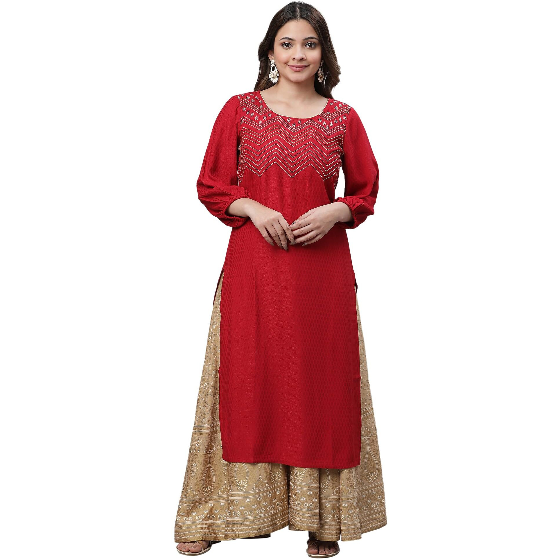 Aurelia Red Embroidered Straight Long Kurta With Zari