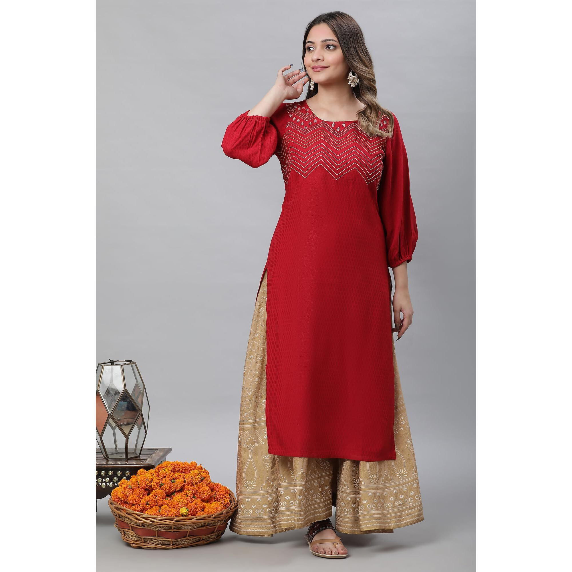 Aurelia Red Embroidered Straight Long Kurta With Zari