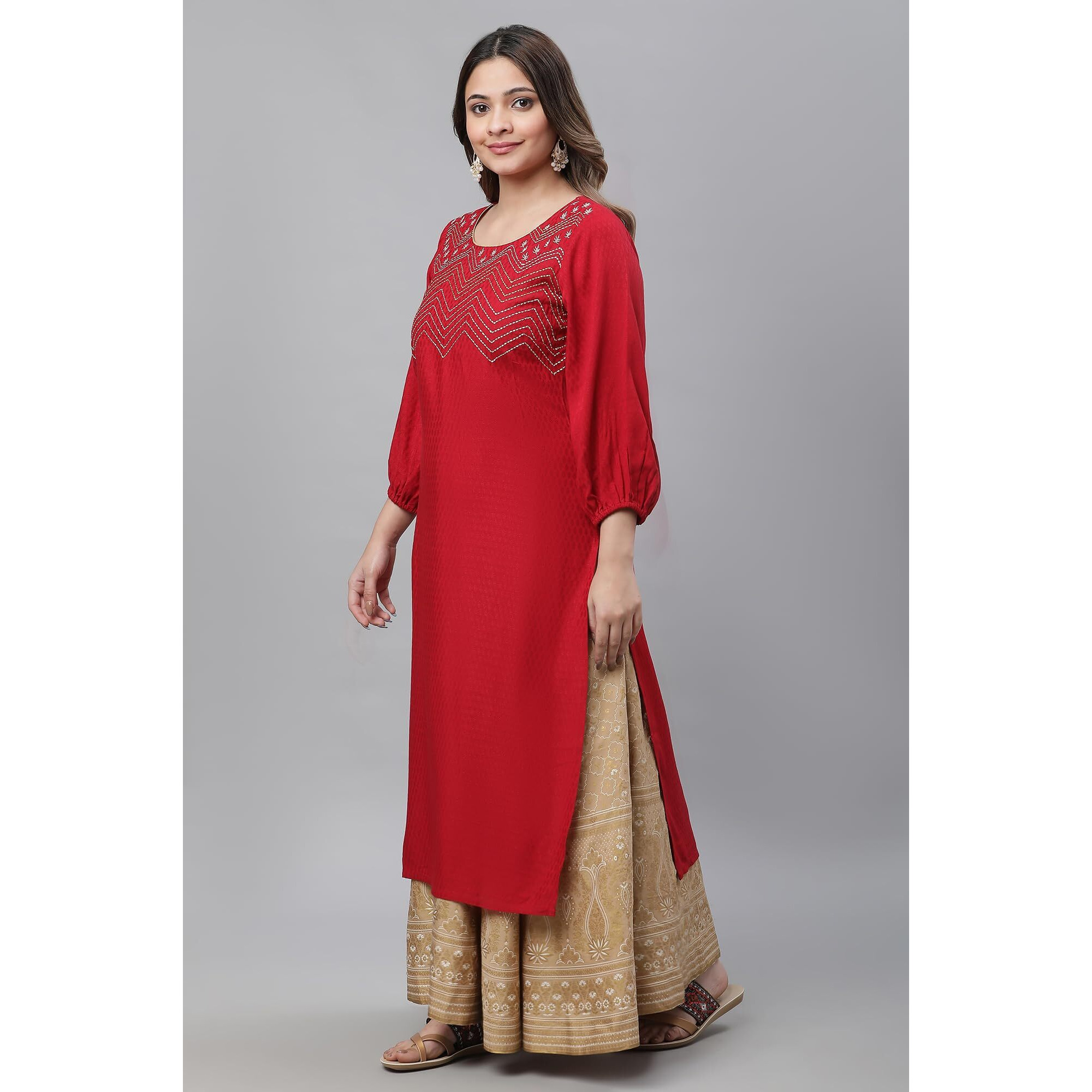 Aurelia Red Embroidered Straight Long Kurta With Zari