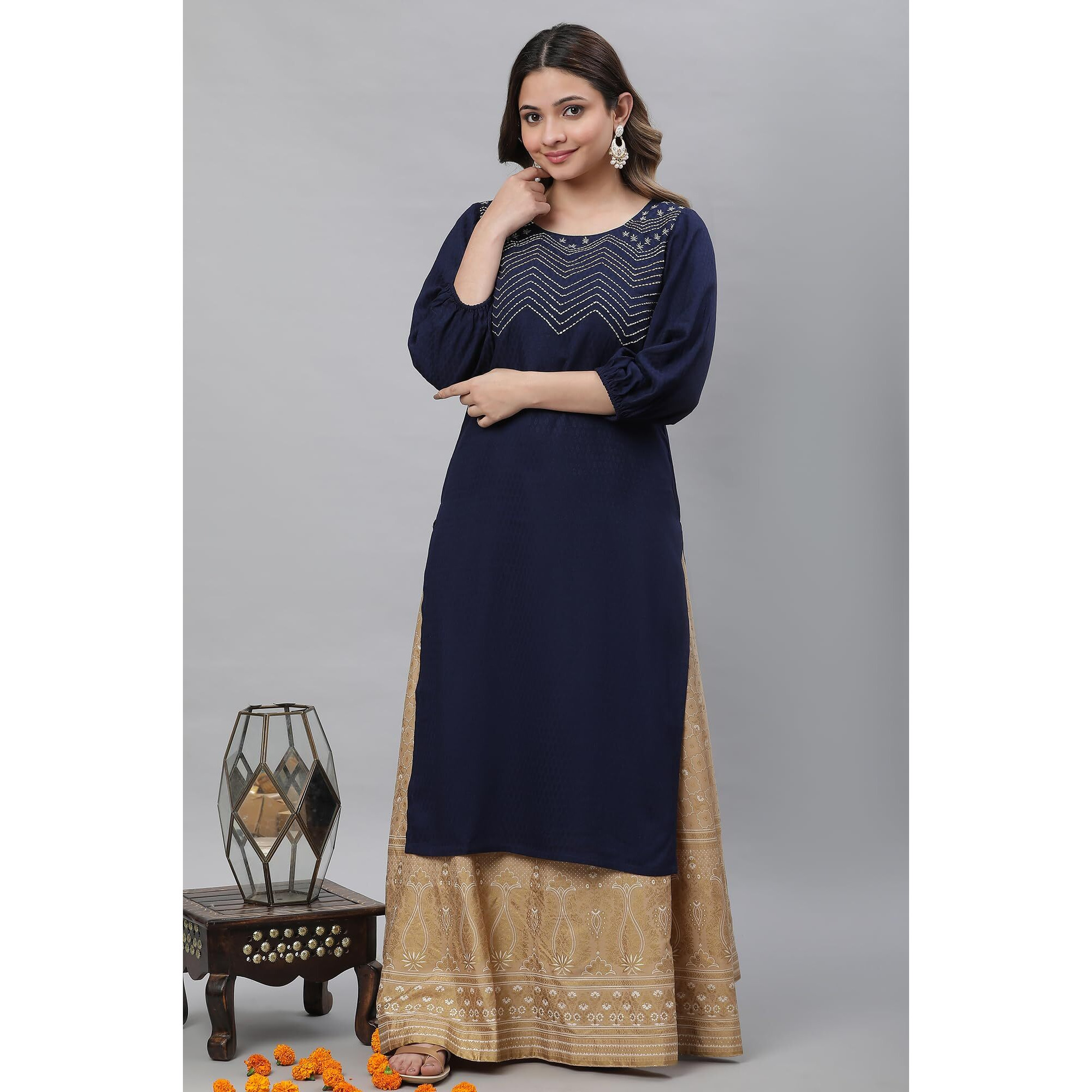Aurelia Women's Blue Textured Rayon Embroidered Kurta