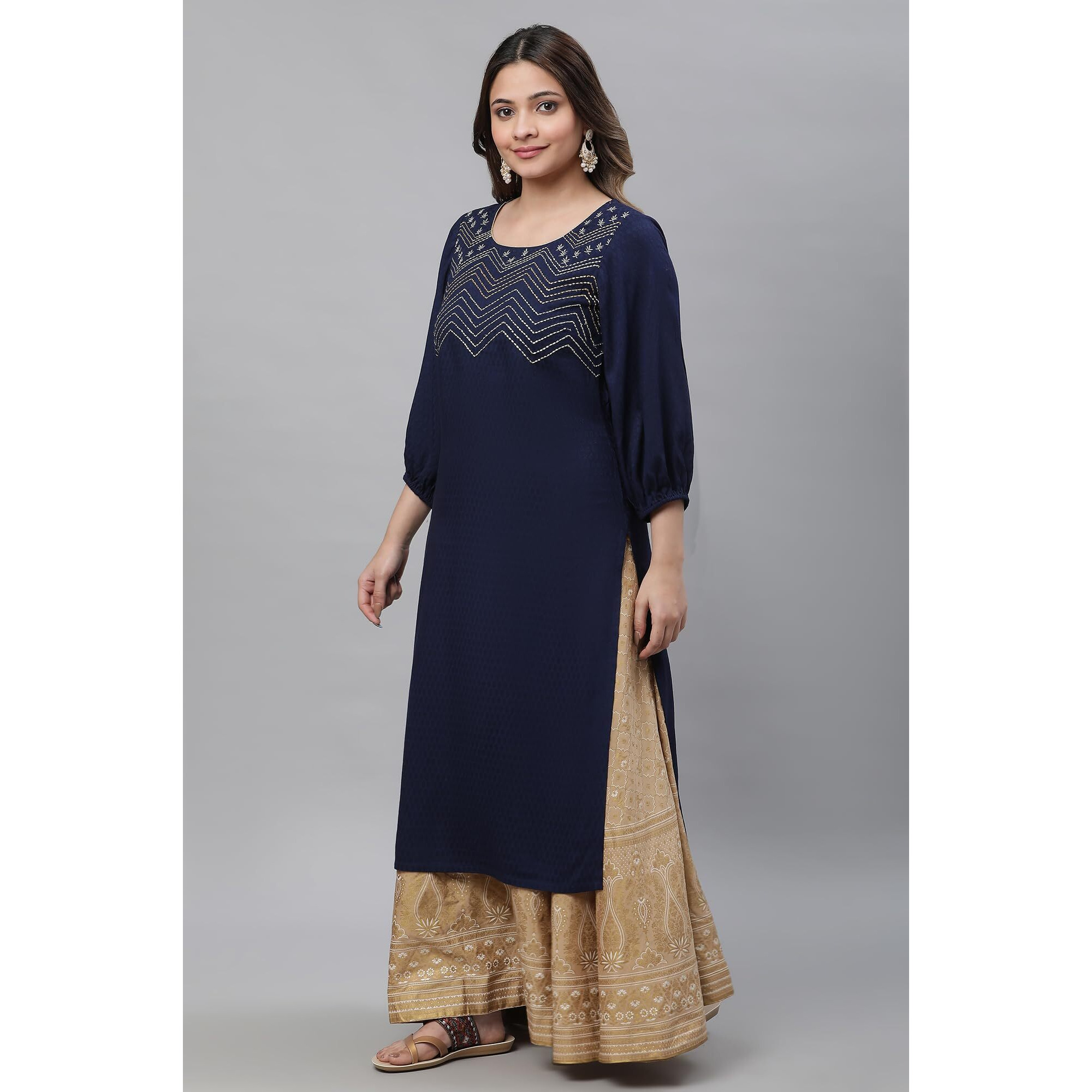 Aurelia Women's Blue Textured Rayon Embroidered Kurta