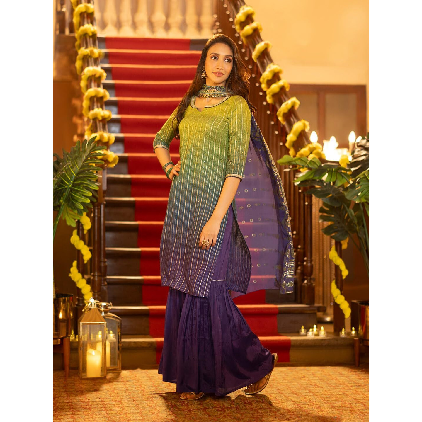 Purple Linen Ombre Festive Short Kurta, Sharara And Dupatta Set