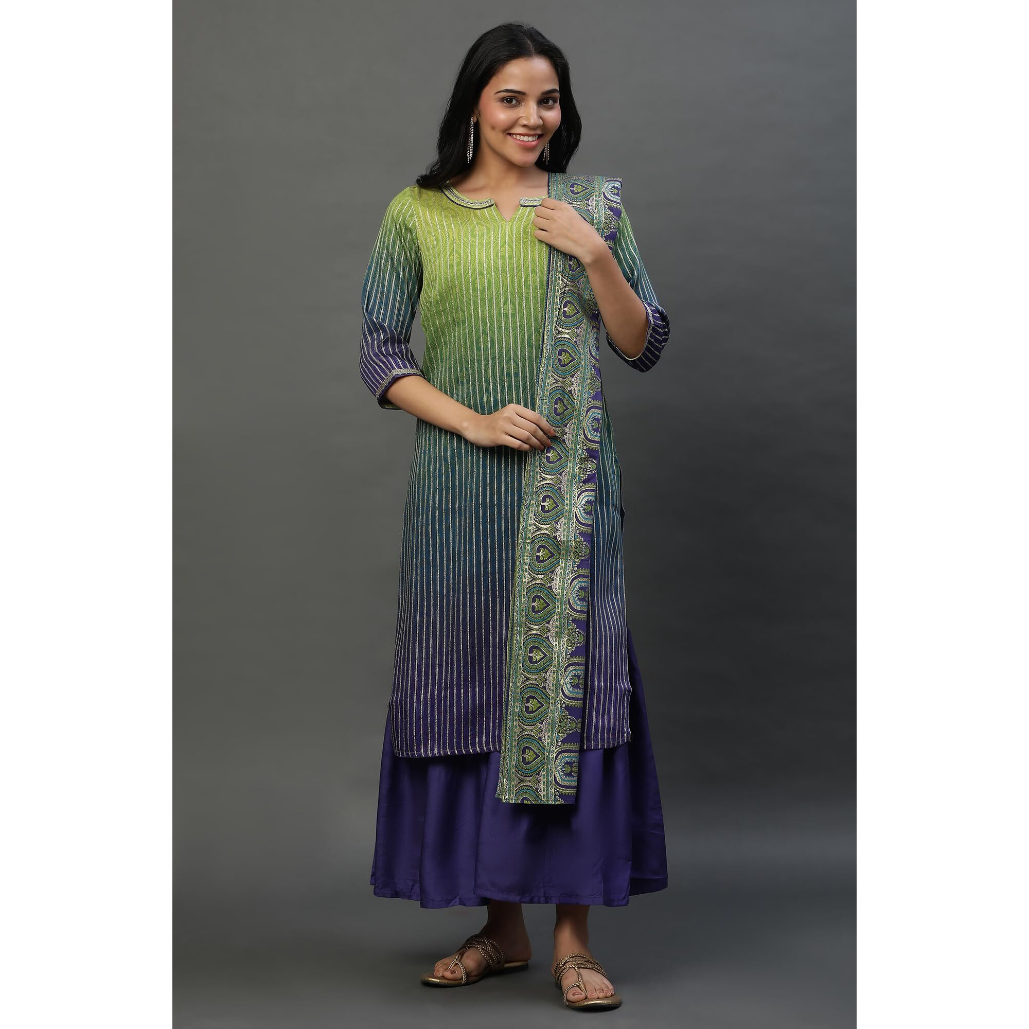 Purple Linen Ombre Festive Short Kurta, Sharara And Dupatta Set