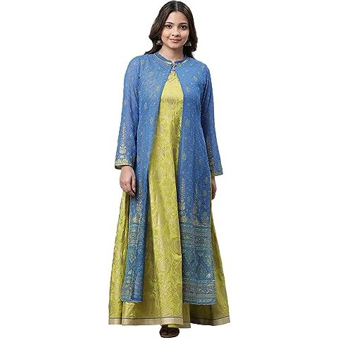 Green Embellished Long Kurta & Blue Gilet Set_23Auas14693-507728
