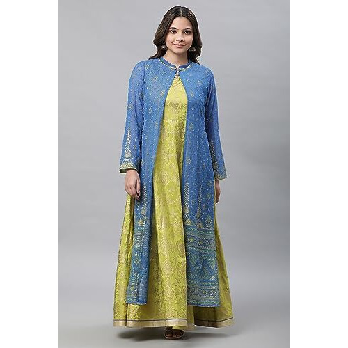 Green Embellished Long Kurta & Blue Gilet Set_23Auas14693-507728
