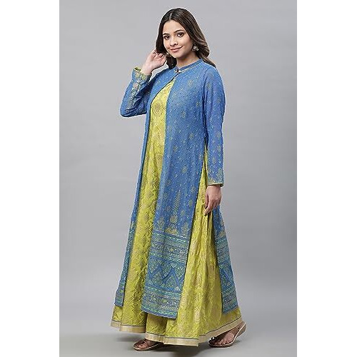 Green Embellished Long Kurta & Blue Gilet Set_23Auas14693-507728