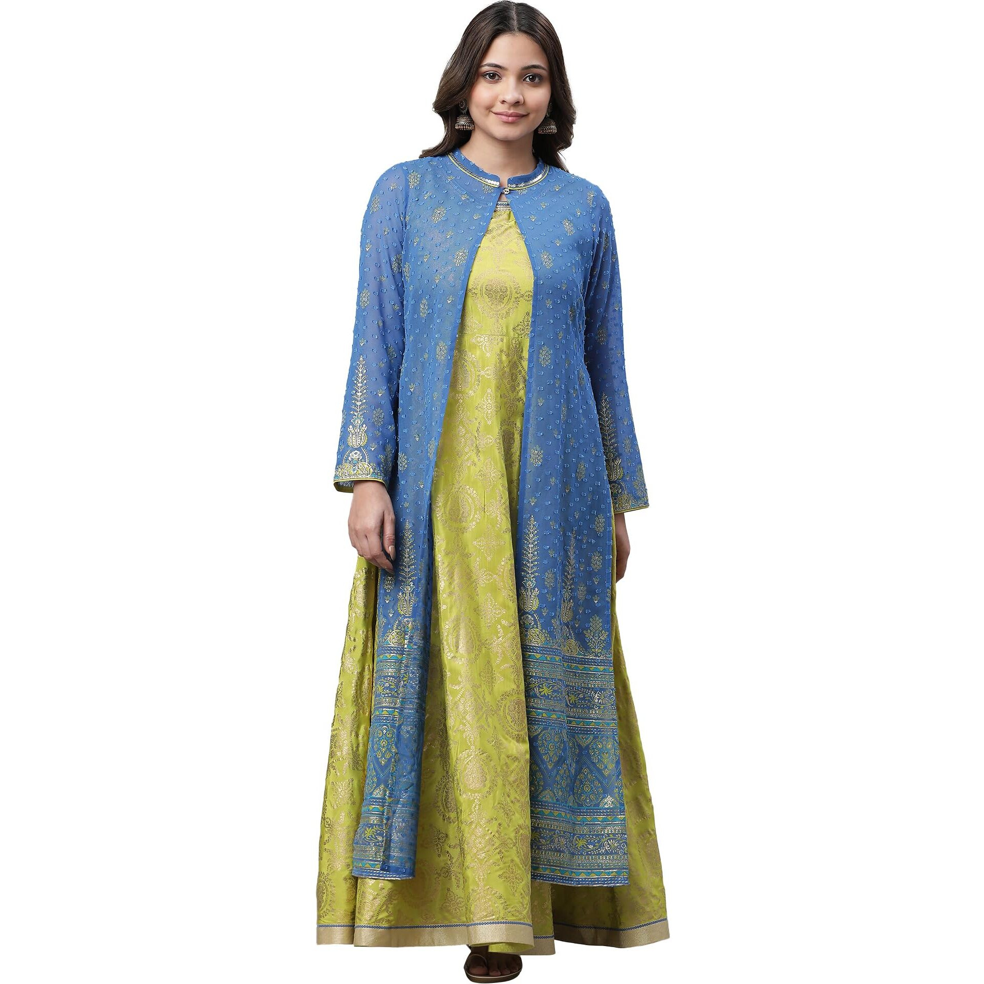 Green Embellished Long Kurta & Blue Gilet Set_23Auas14693-507728