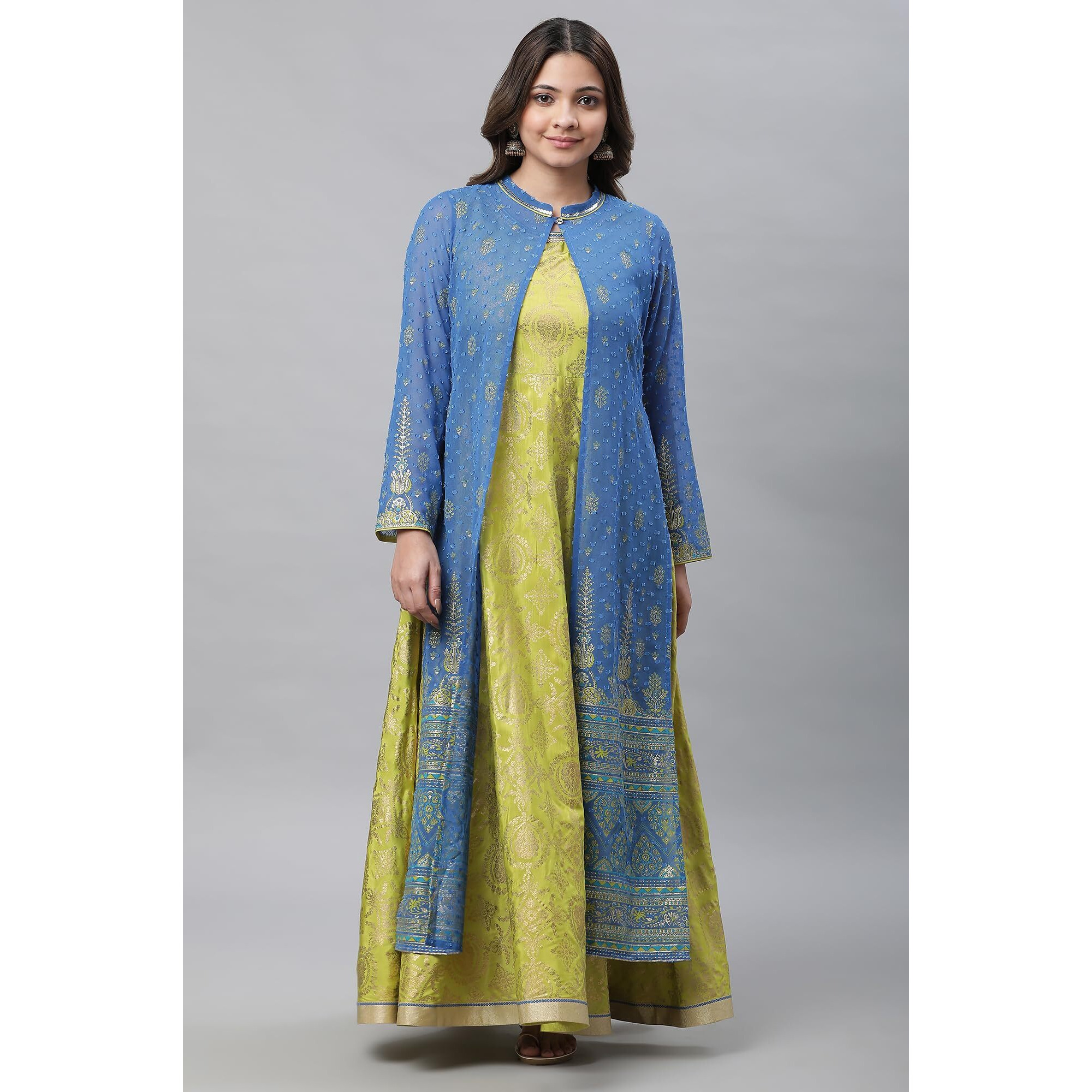 Green Embellished Long Kurta & Blue Gilet Set_23Auas14693-507728