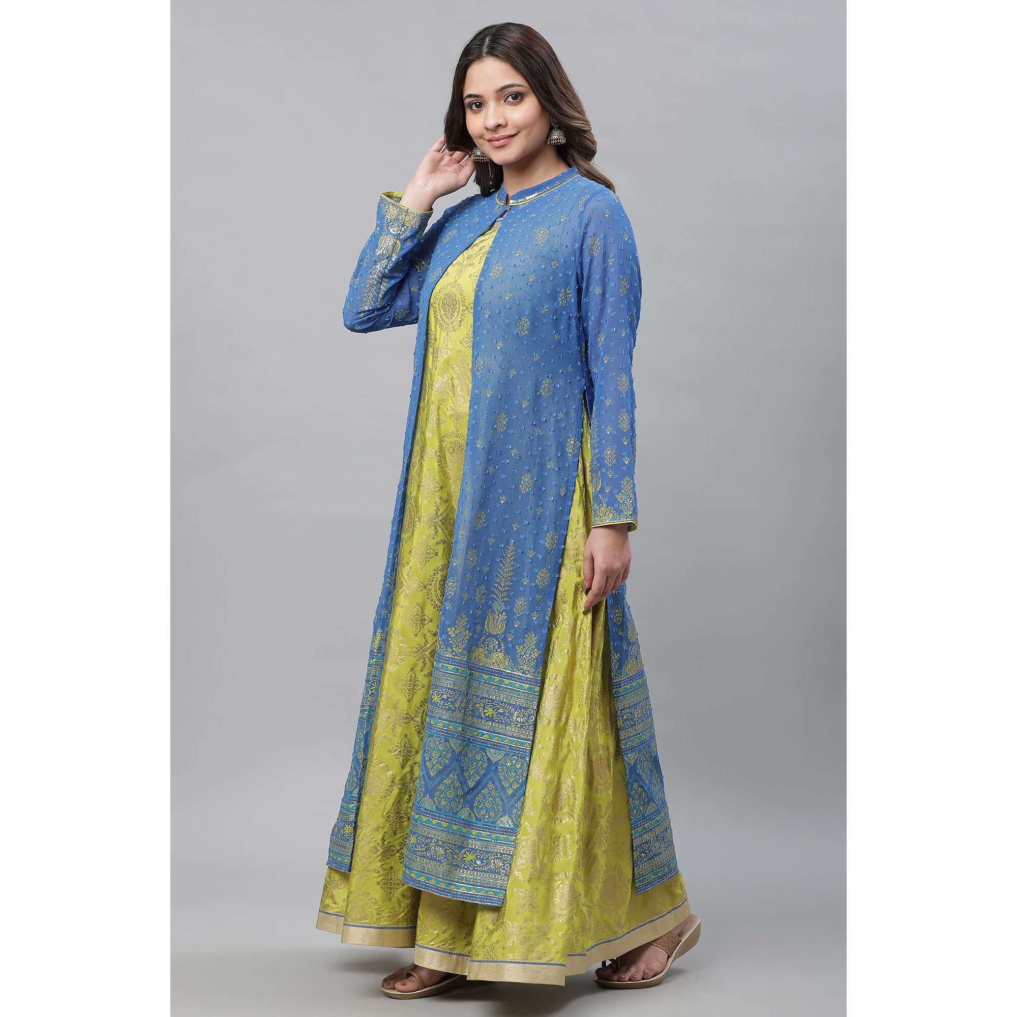 Green Embellished Long Kurta & Blue Gilet Set_23Auas14693-507728