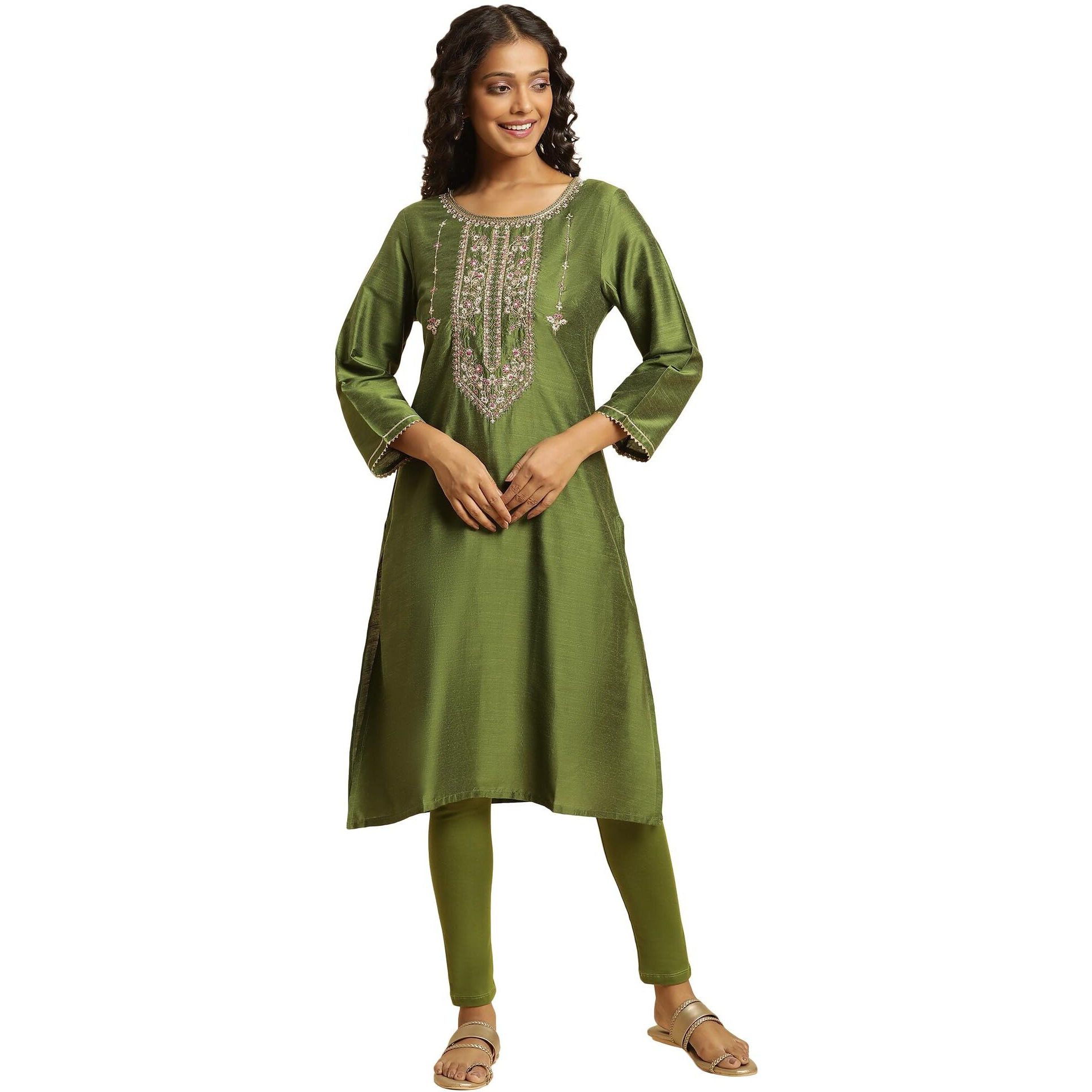 W For Woman Green Embroidered Blend Straight Long Kurta With Zari