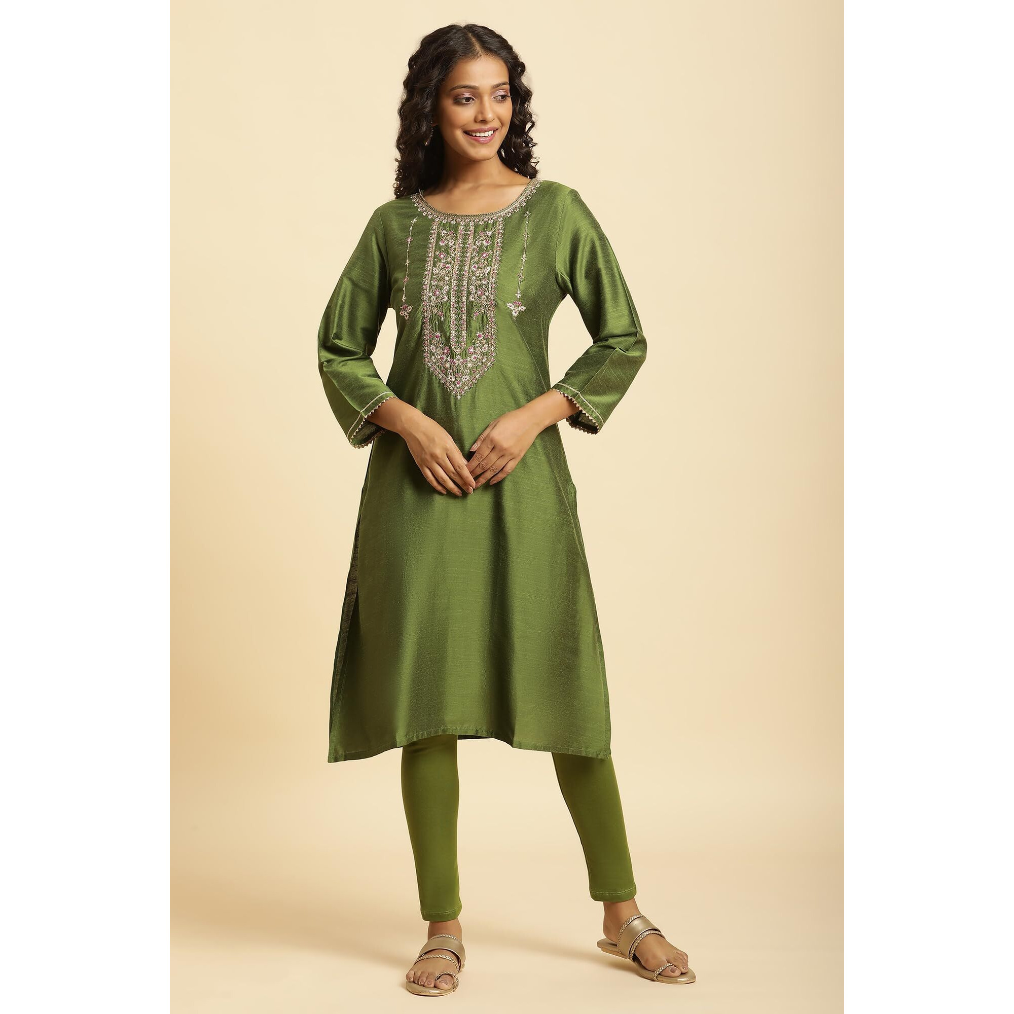 W For Woman Green Embroidered Blend Straight Long Kurta With Zari