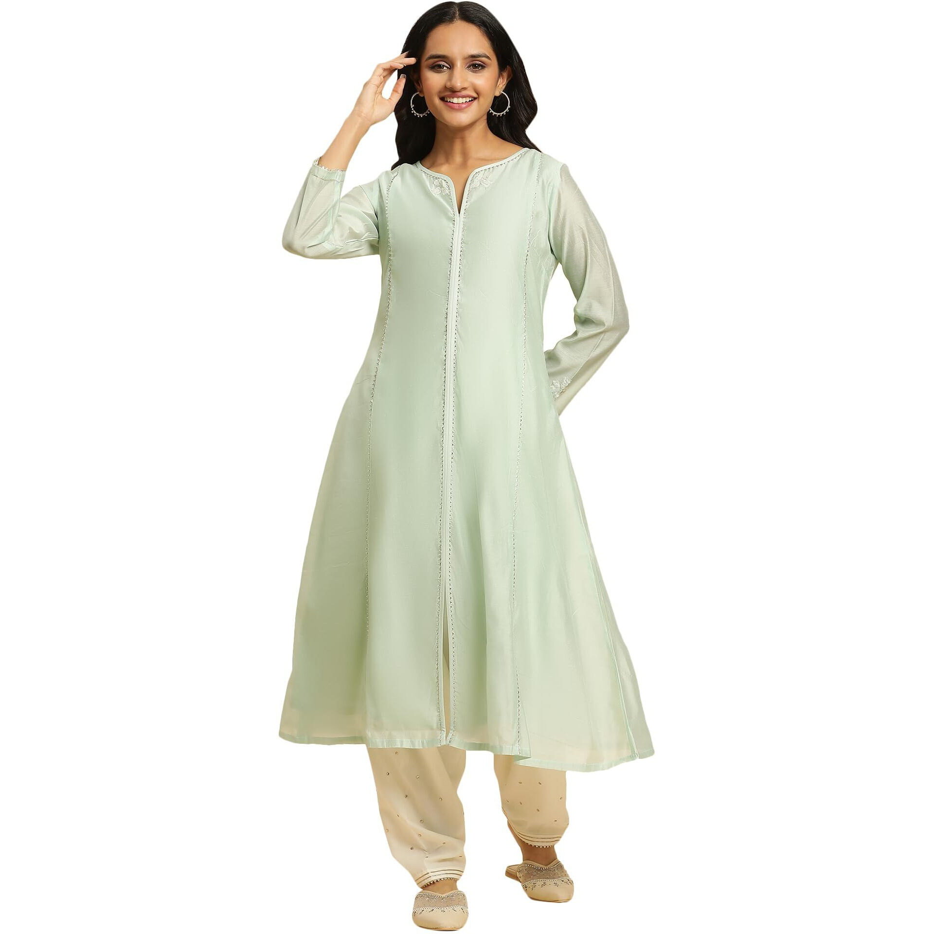 W For Woman Mint Green Panelled Chanderi Kurta (Size 3Xl)-23Auw10283-220635
