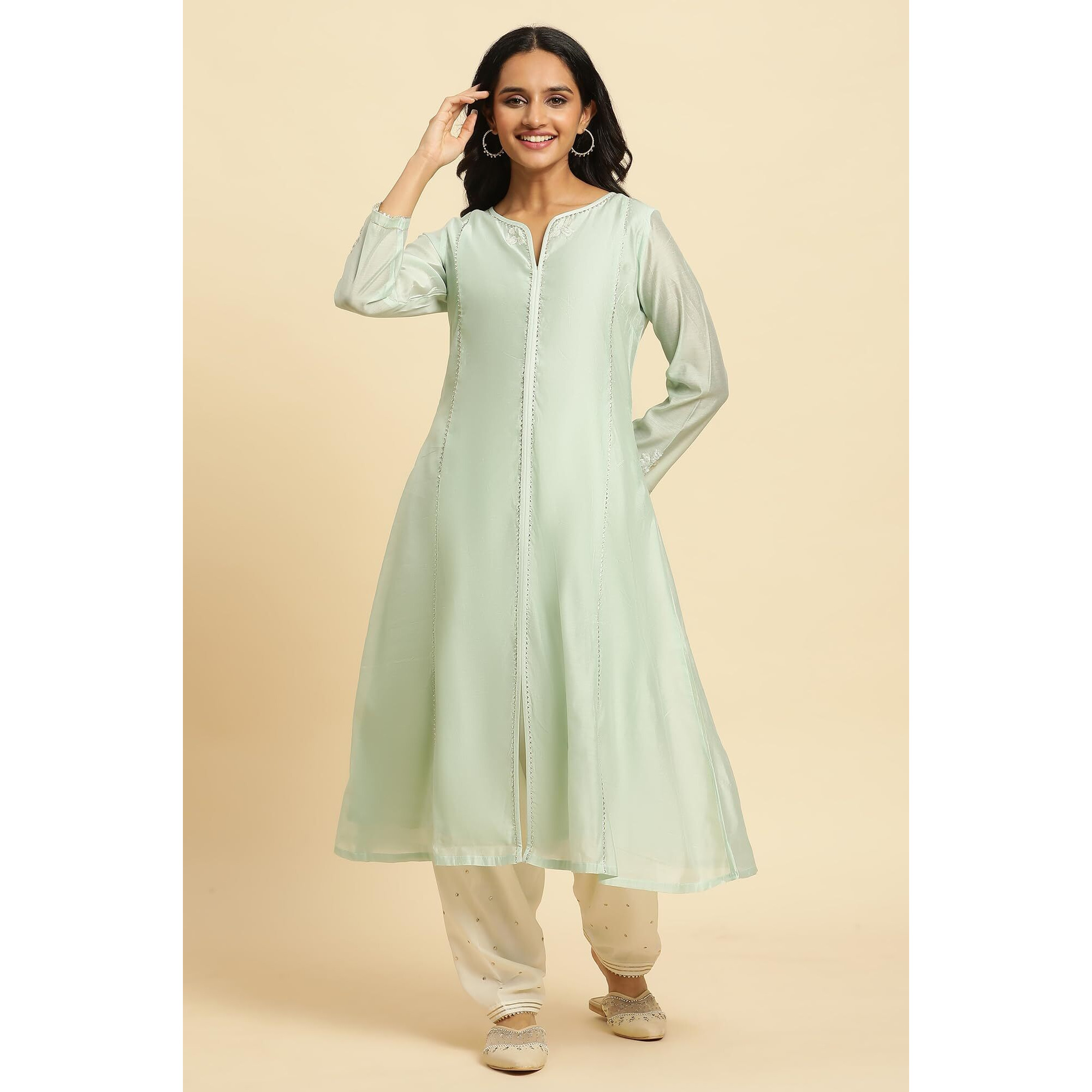 W For Woman Mint Green Panelled Chanderi Kurta (Size 3Xl)-23Auw10283-220635