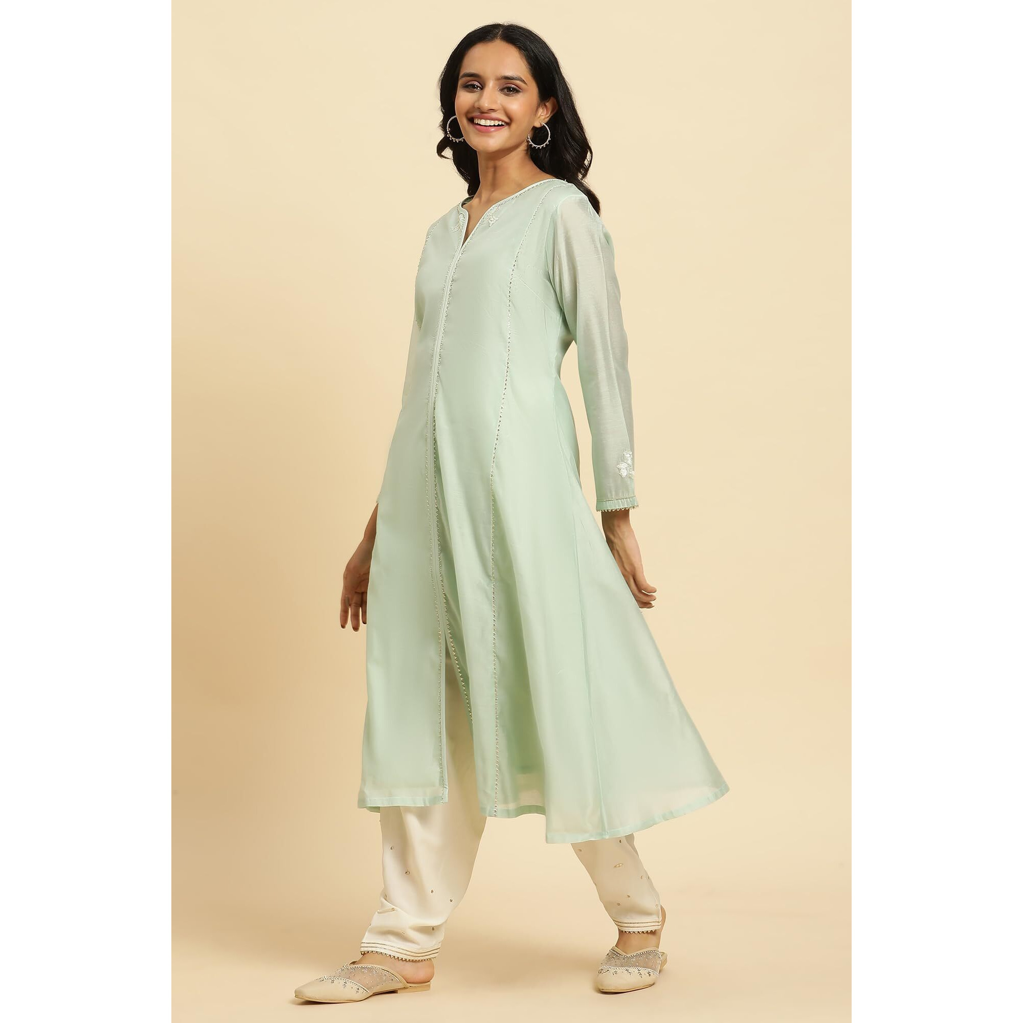 W For Woman Mint Green Panelled Chanderi Kurta (Size 3Xl)-23Auw10283-220635