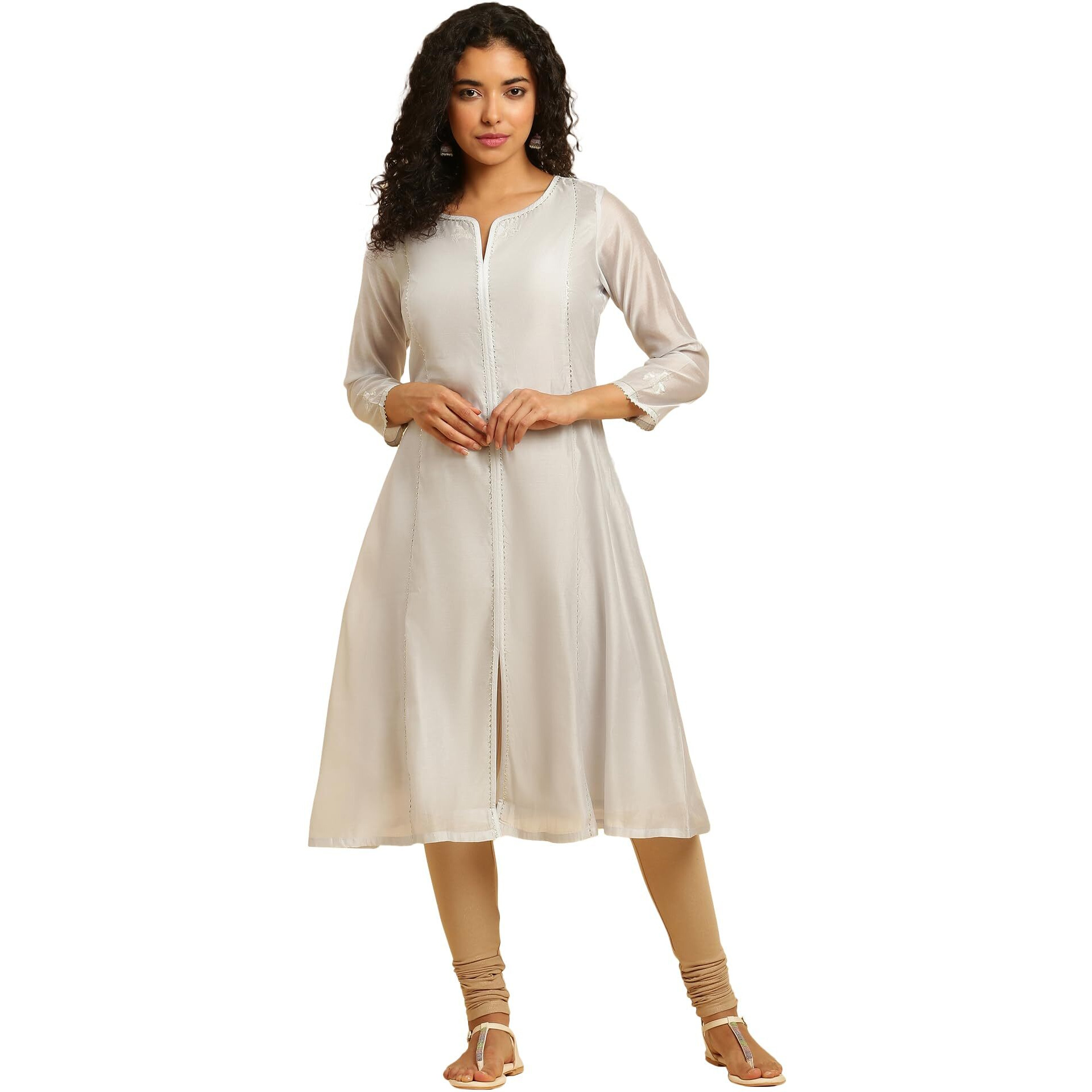 W For Woman Grey Panelled Chanderi Kurta With Zari Embroidery. (Size M)-23Auw10283-220639
