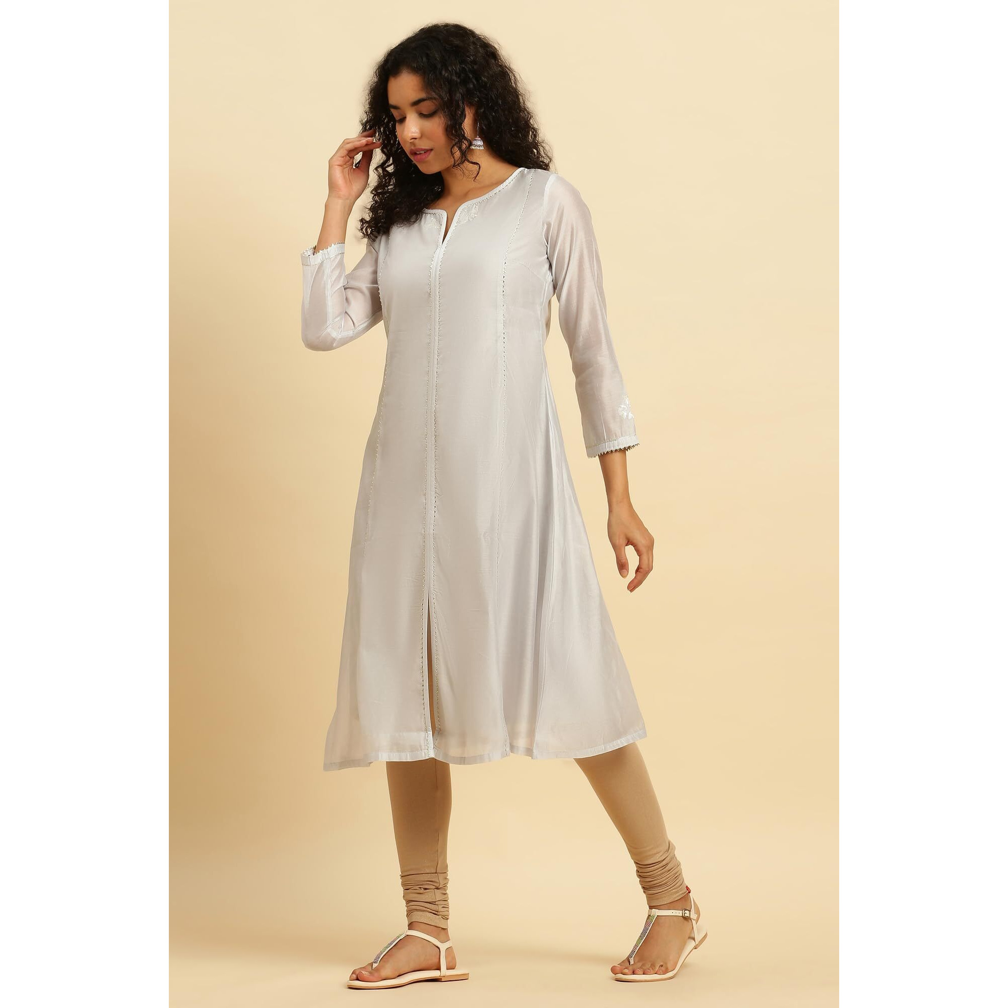 W For Woman Grey Panelled Chanderi Kurta With Zari Embroidery. (Size M)-23Auw10283-220639