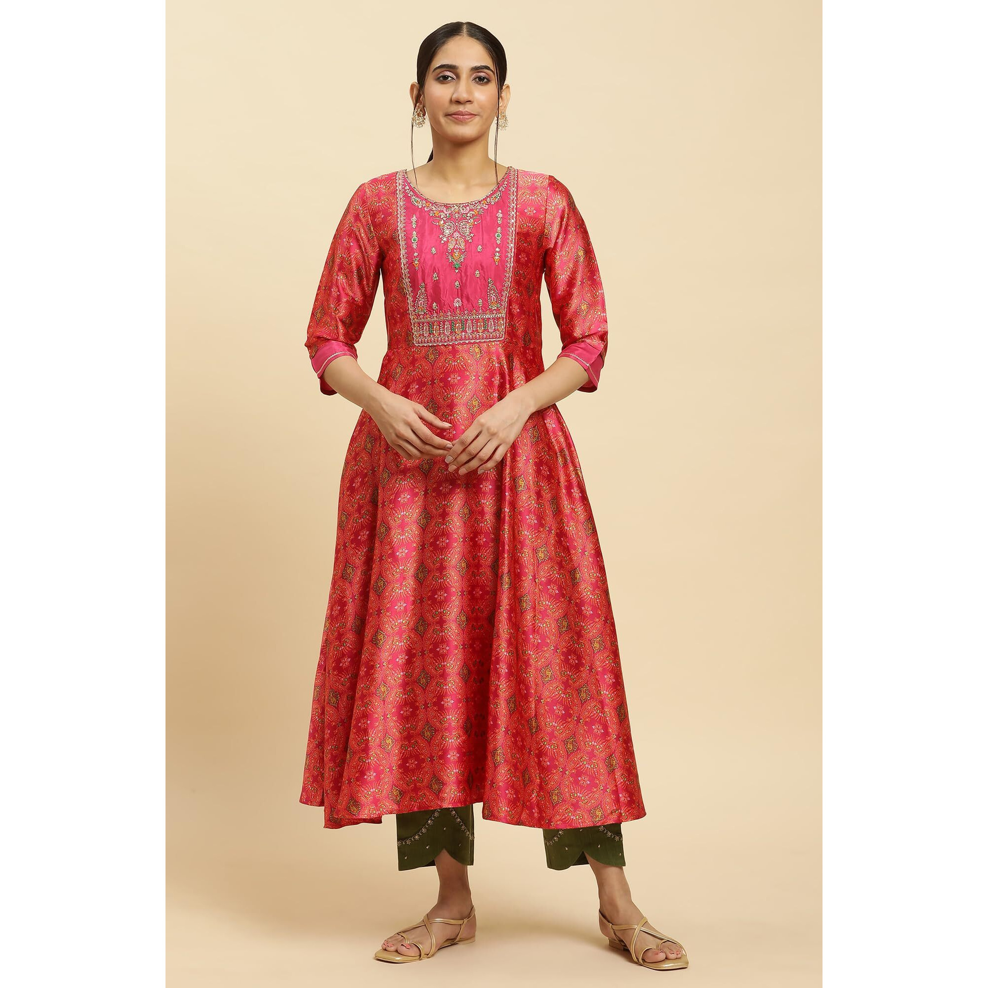 W For Woman Pink Paisley Printed Flared Kurta With Embroidered Yoke (Size S)-23Auw10282-119037