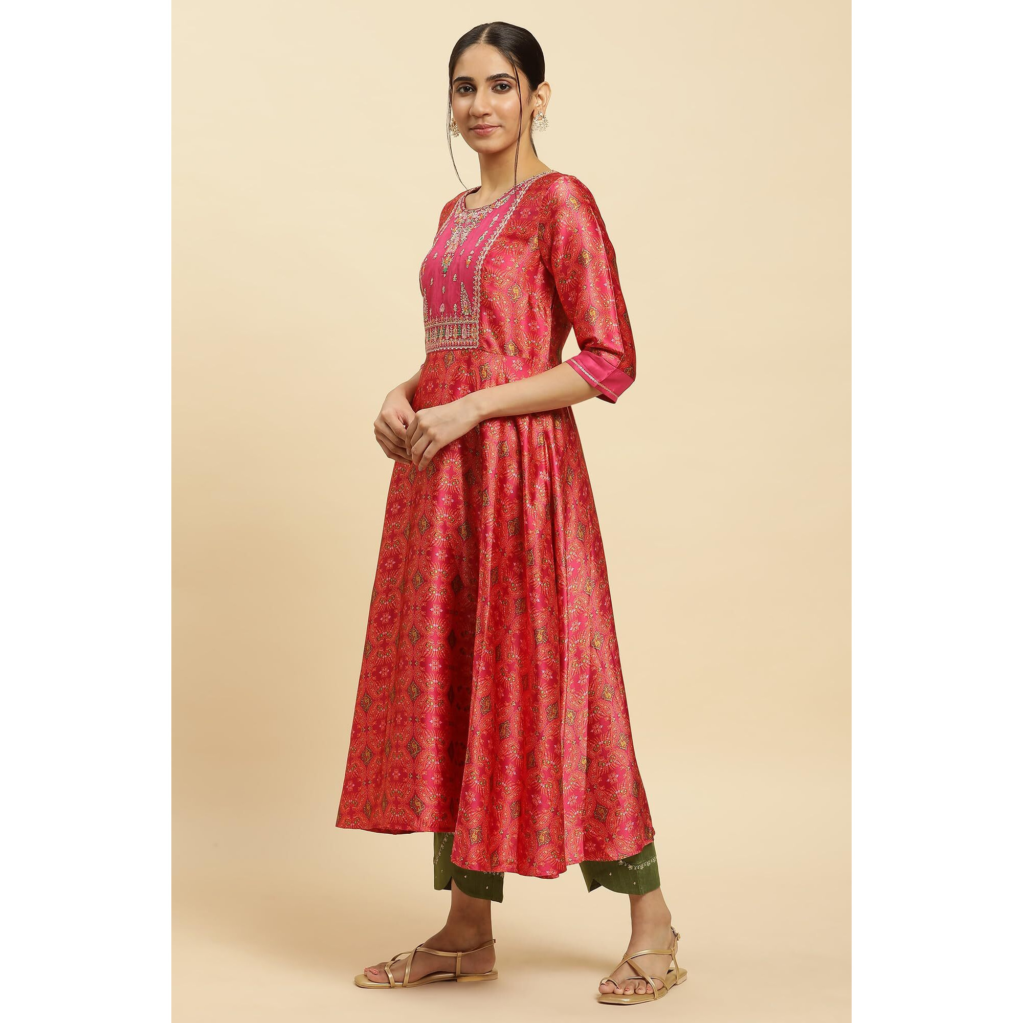 W For Woman Pink Paisley Printed Flared Kurta With Embroidered Yoke (Size S)-23Auw10282-119037