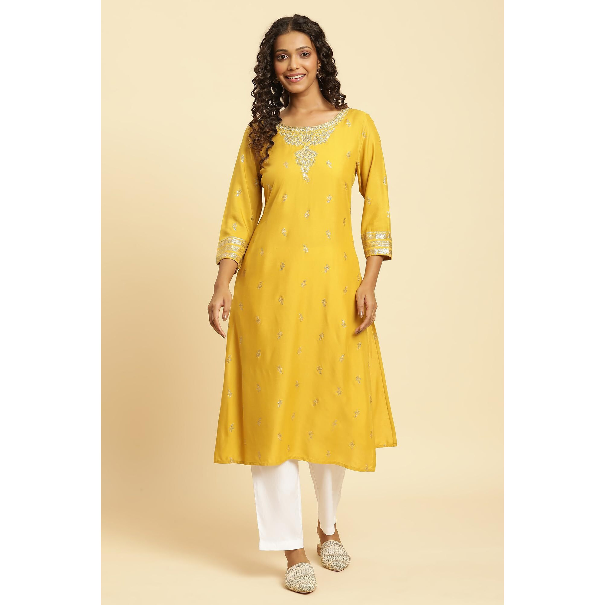 W For Woman Yellow Glitter Floral Printed Kurta With Embroidered Yoke (Size S)-23Auw10293-121948