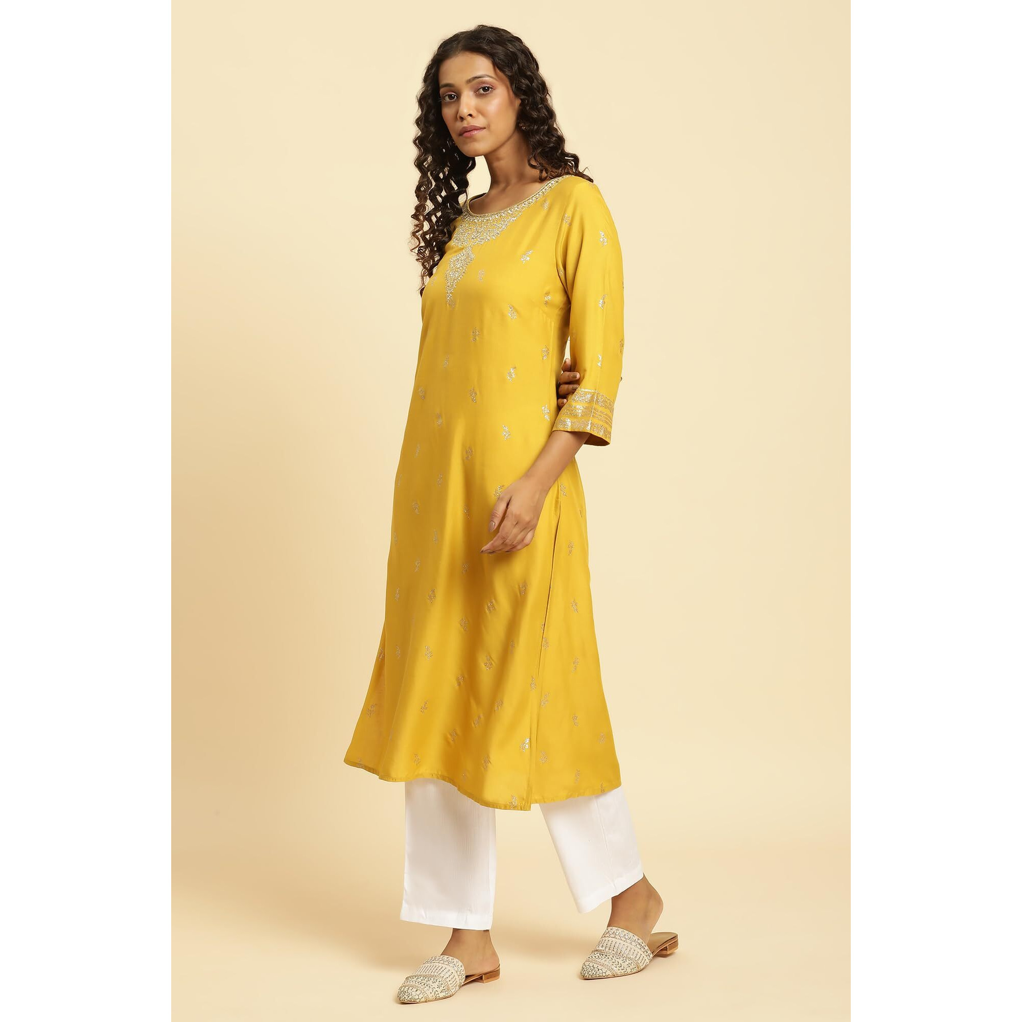 W For Woman Yellow Glitter Floral Printed Kurta With Embroidered Yoke (Size S)-23Auw10293-121948