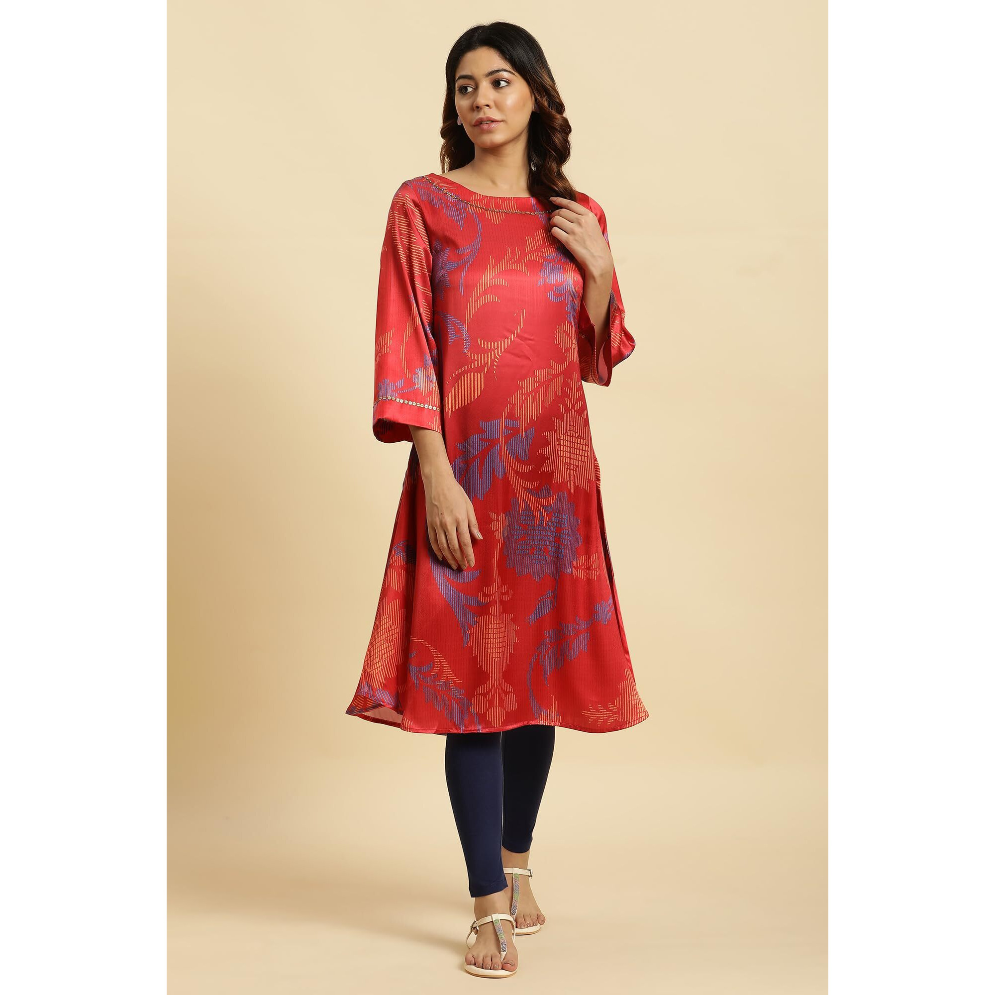 W For Woman Red Bold Floral Printed Satin A-Line Kurta_23Auw10280-122263_L