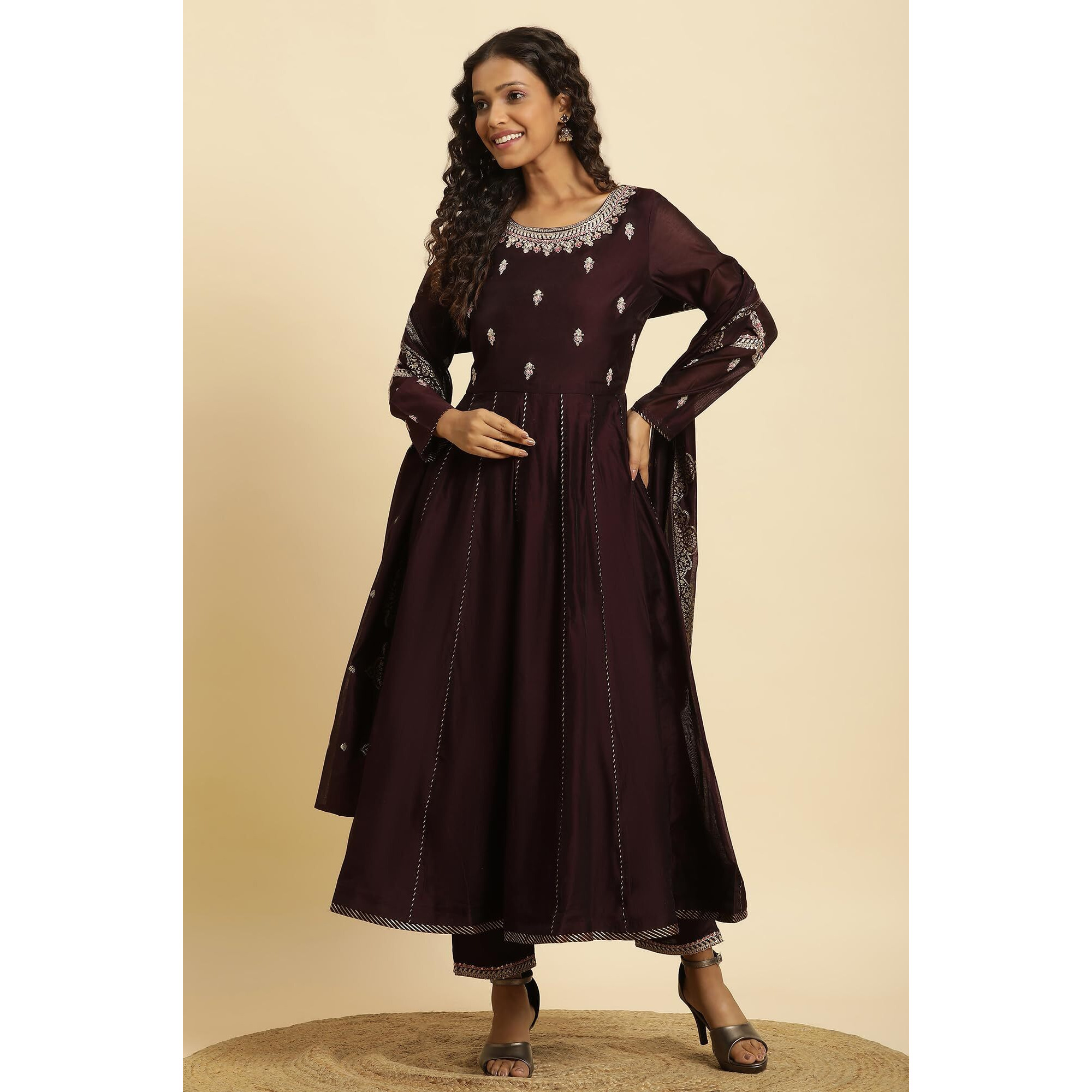 W For Woman Purple Flared Embroidered Kurta, Pants And Dupatta Set (Size S)-23Auws10284-220796