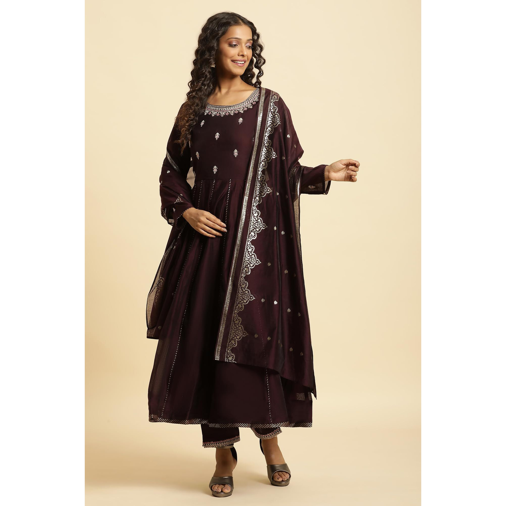 W For Woman Purple Flared Embroidered Kurta, Pants And Dupatta Set (Size S)-23Auws10284-220796